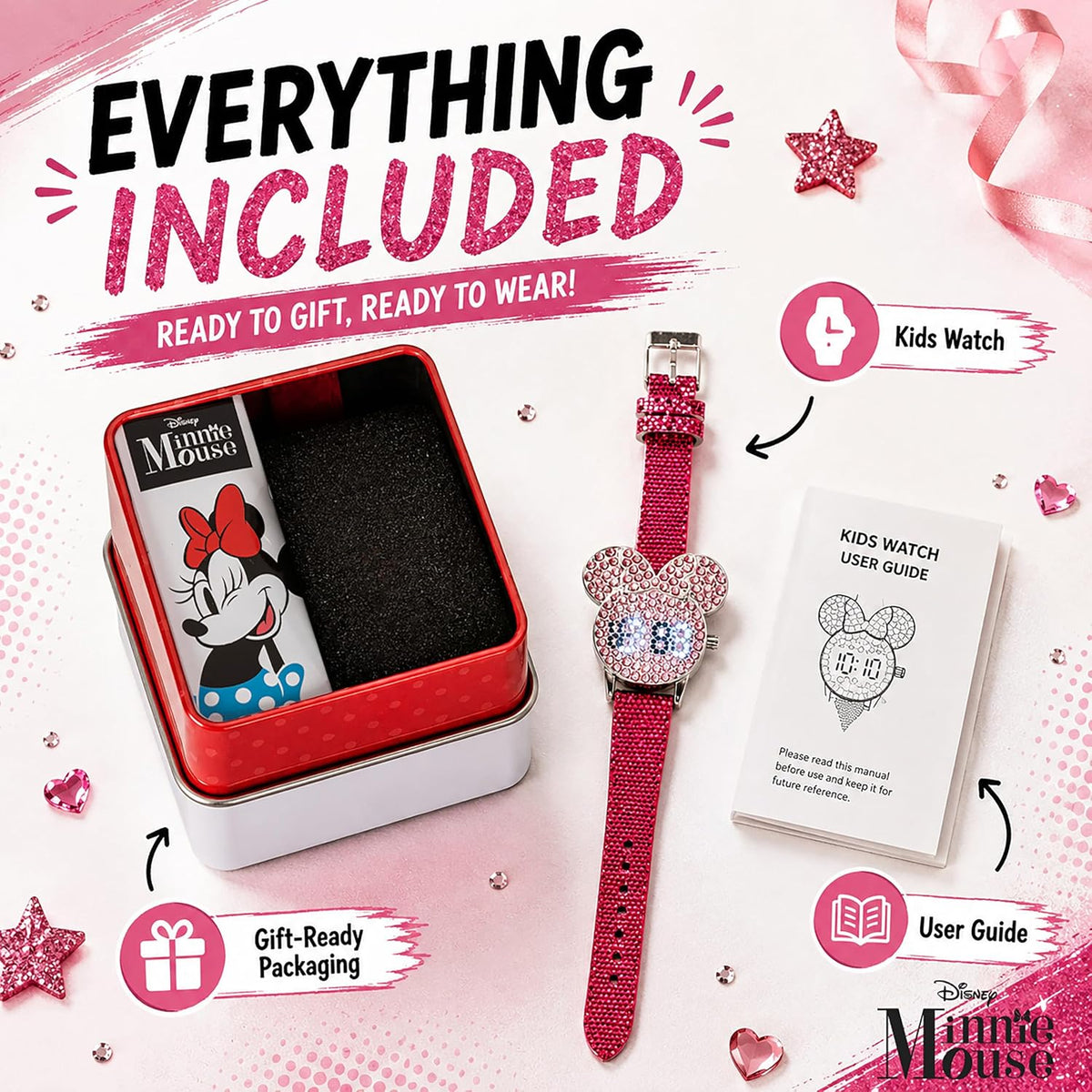 Disney Minnie Mouse - Reloj LED para niñas con esfera de cristal y...