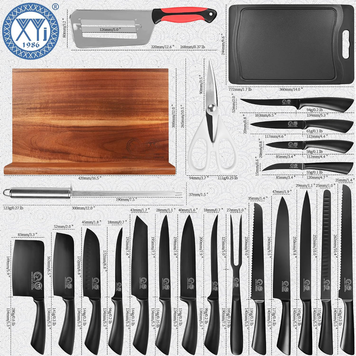 XYJ Juego de cuchillos de chef con bloque magnético de madera, tene...