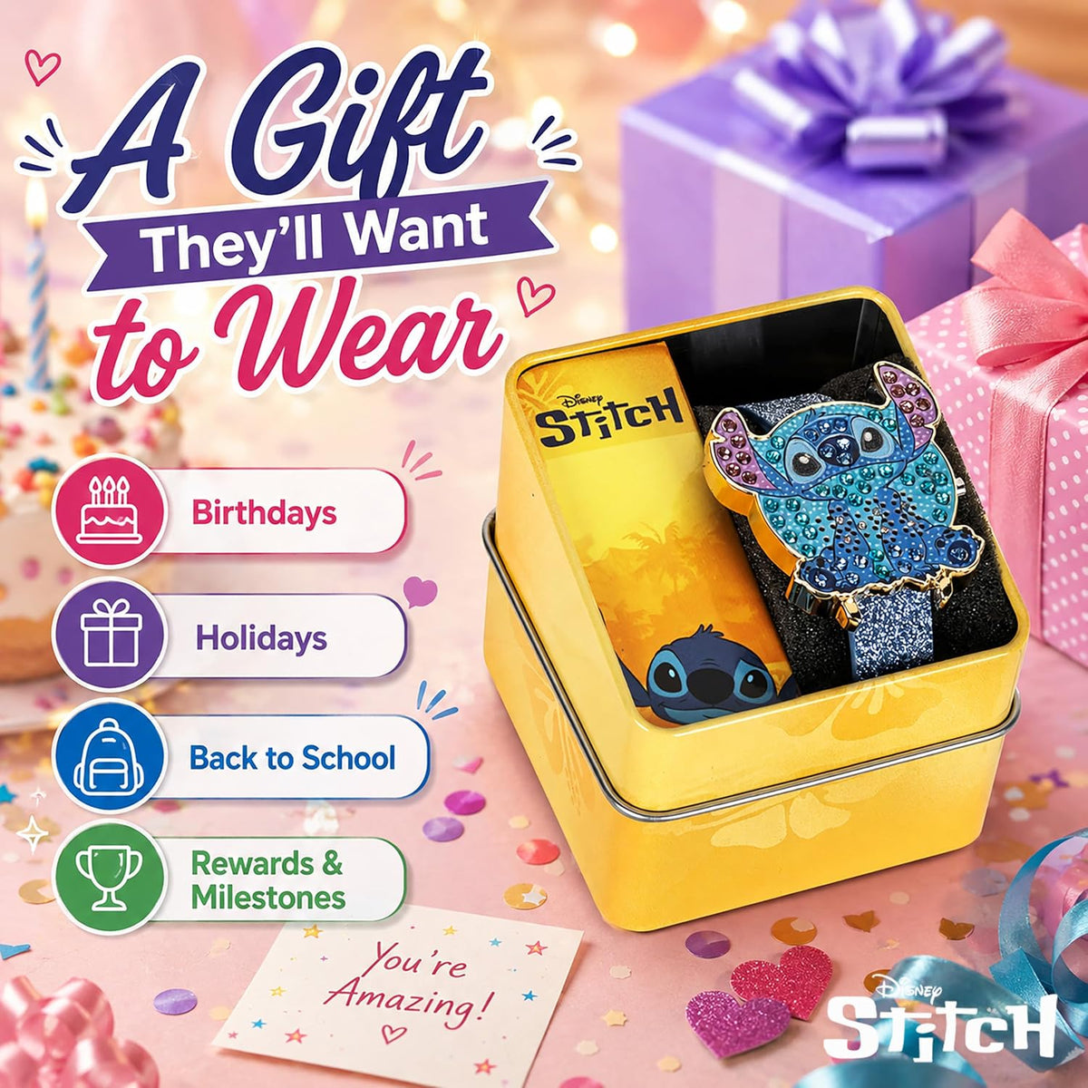 Disney Stitch - Reloj LED para niñas con esfera de cristal y correa...