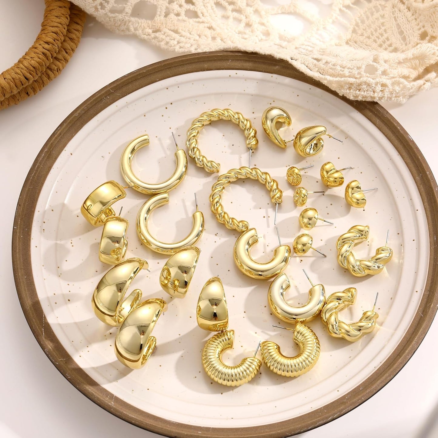 12 pares de aretes de aro gruesos de oro para mujer, modernos, chap...