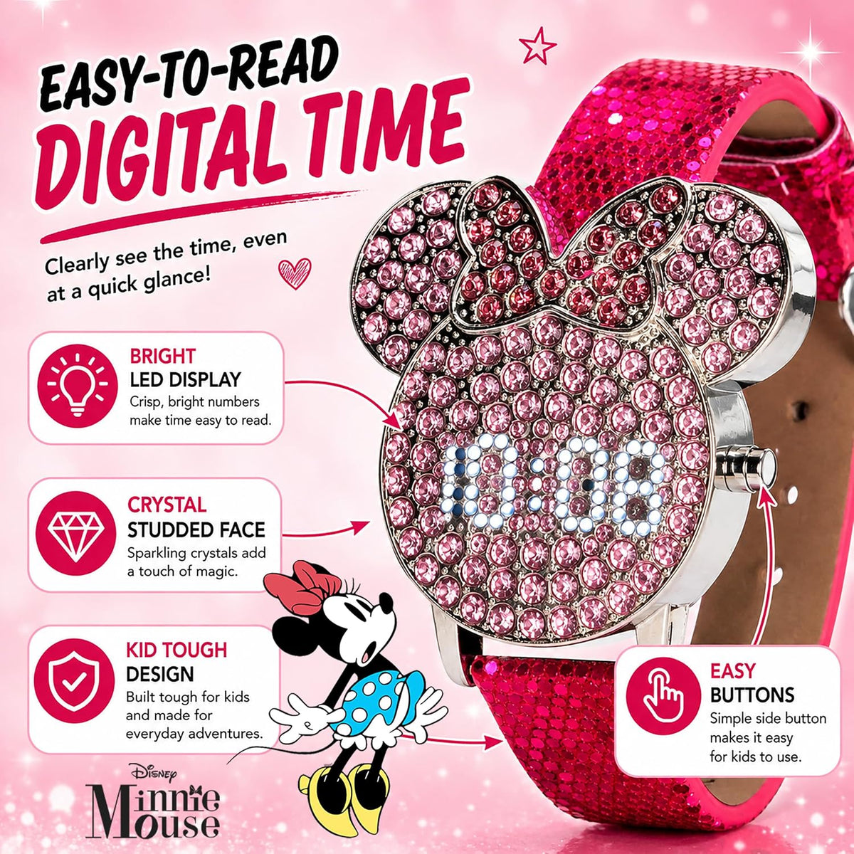 Disney Minnie Mouse - Reloj LED para niñas con esfera de cristal y...