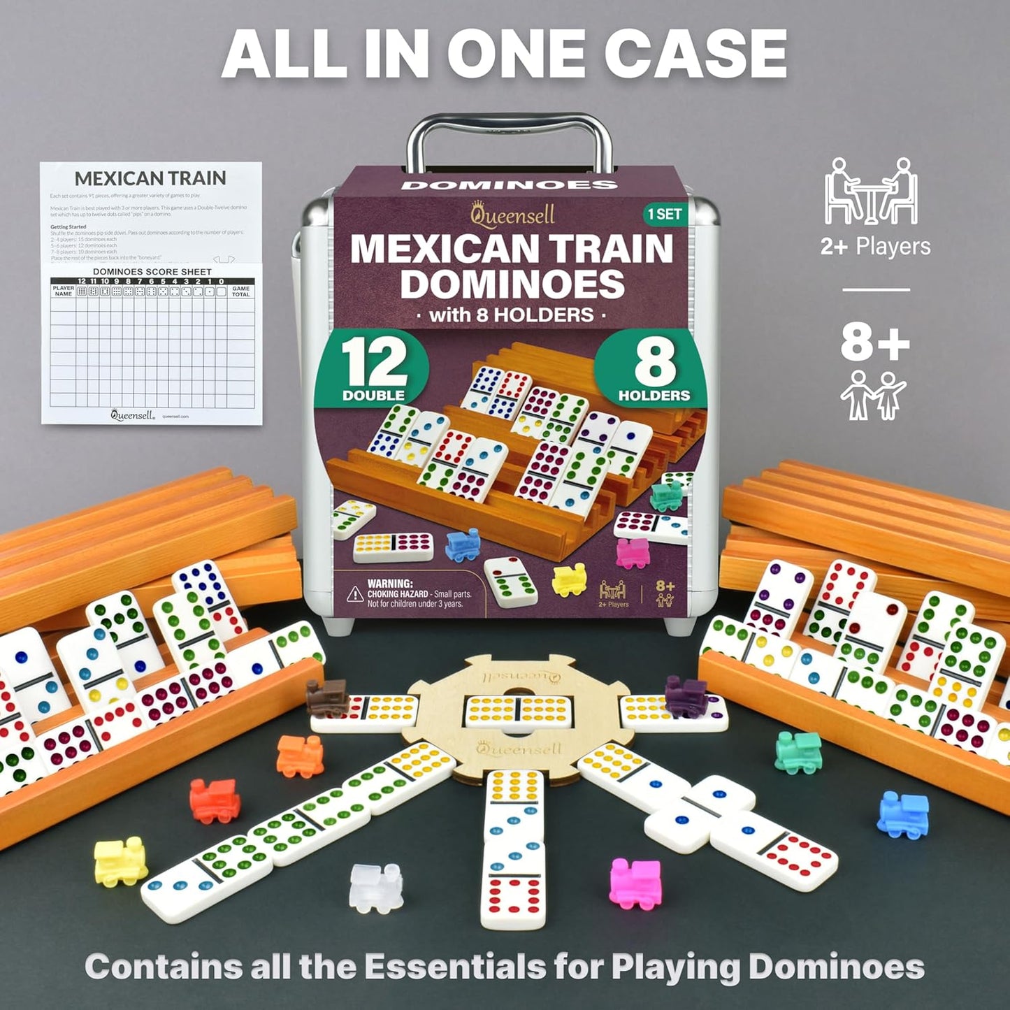 Queensell Juego de dominó de tren mexicano con 8 soportes, cubo de...