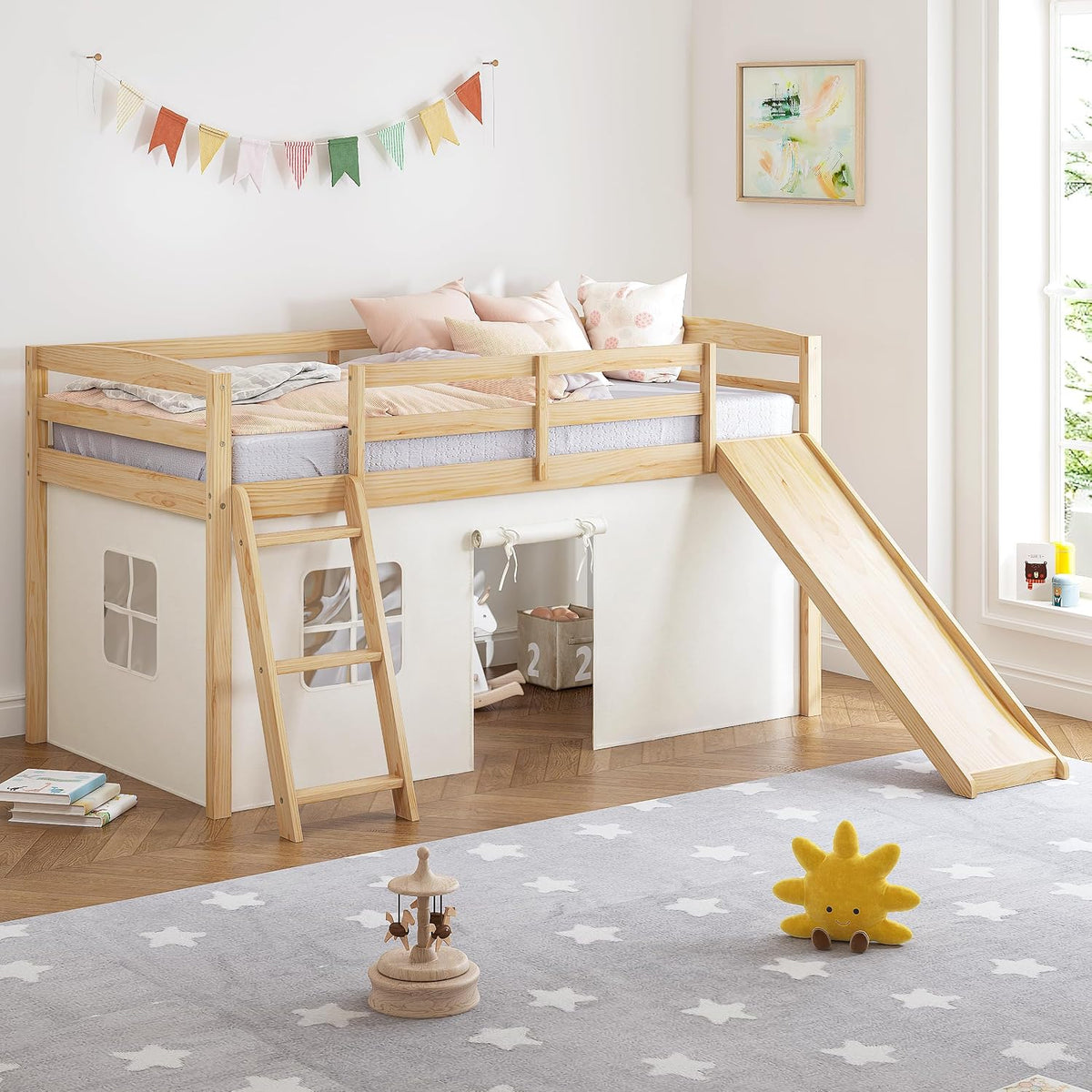 Spirich Cama tipo loft para niños con tobogán y escalera, marcos de...