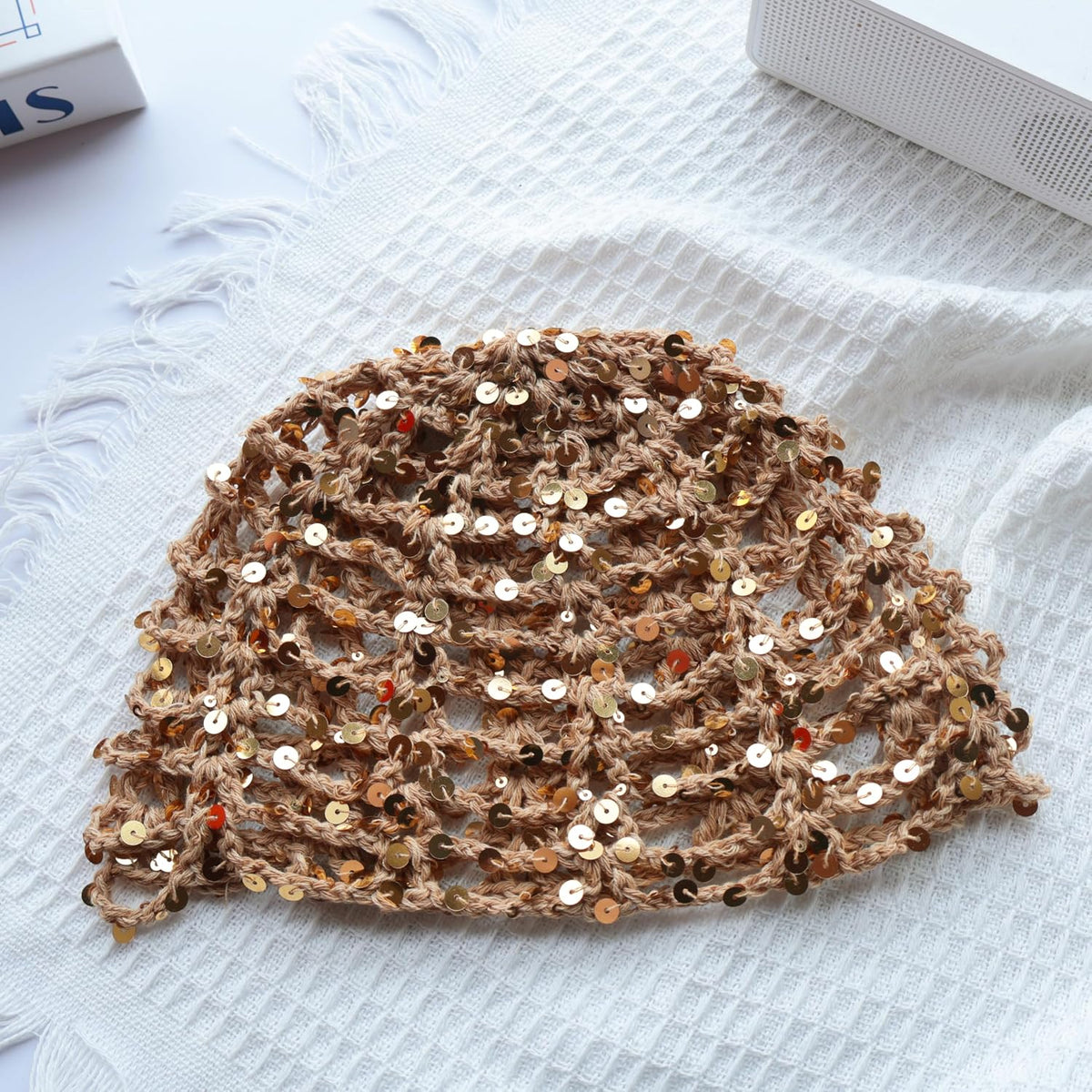 HENWASAI Gorro de ganchillo brillante para mujer con ribete de perl...