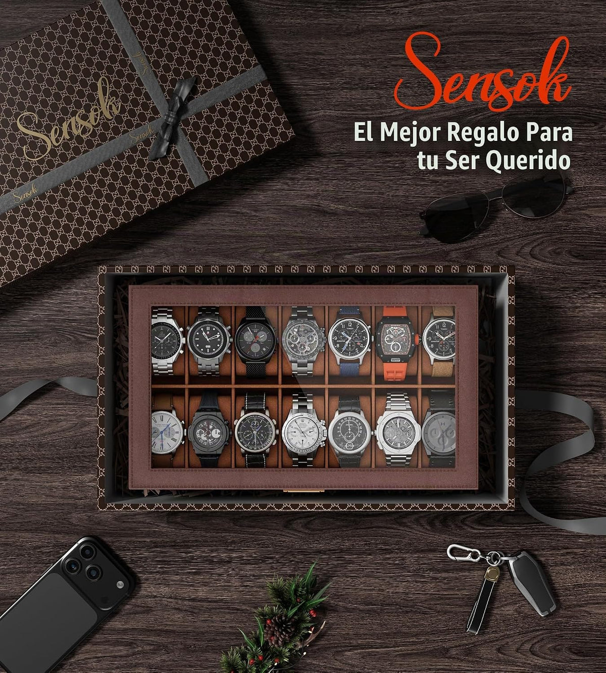 sensok Caja de reloj para hombre, 14 ranuras, 3 capas, organizador...