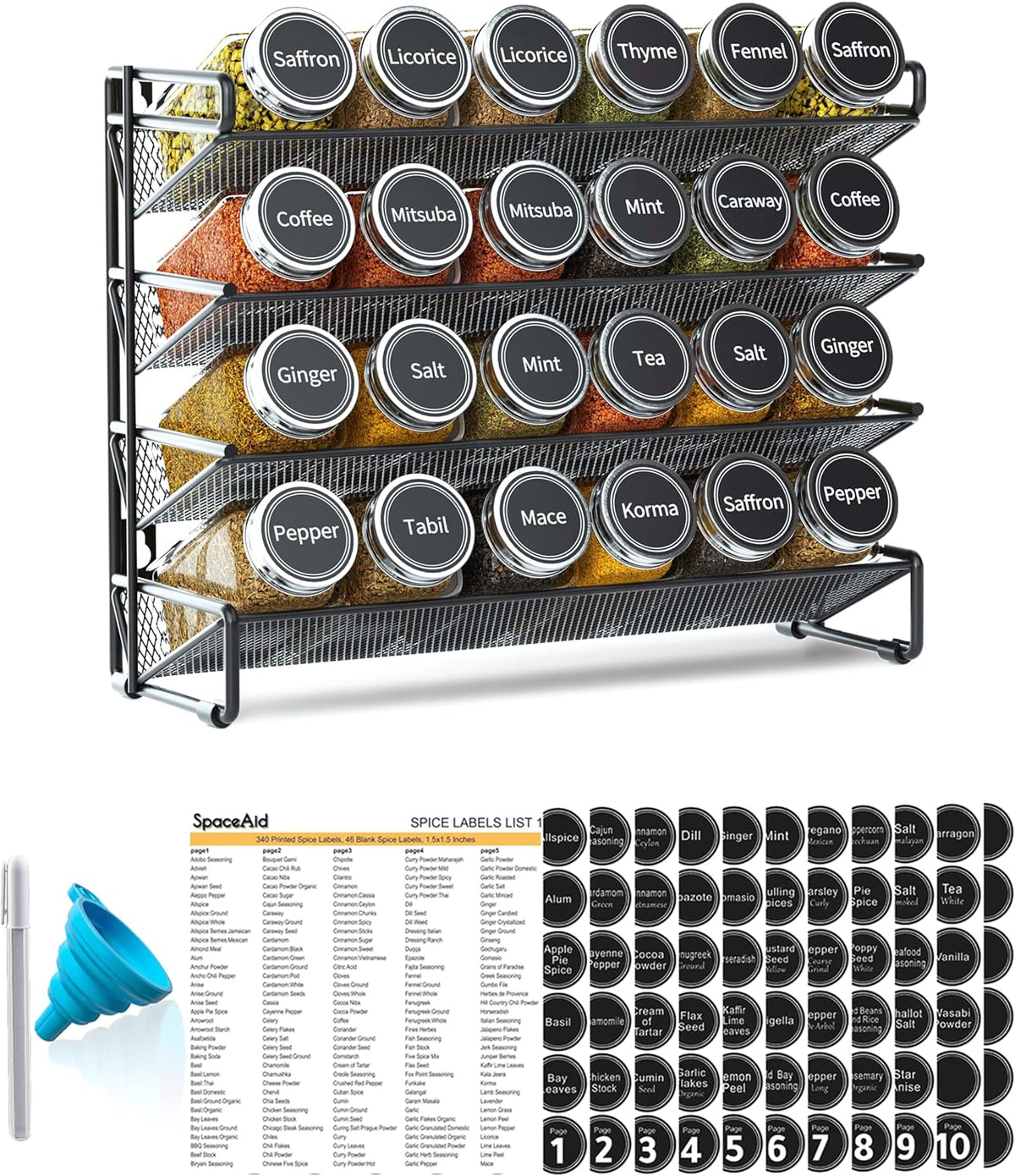 SpaceAid Organizador de especias con 24 tarros de especias, 386 eti...