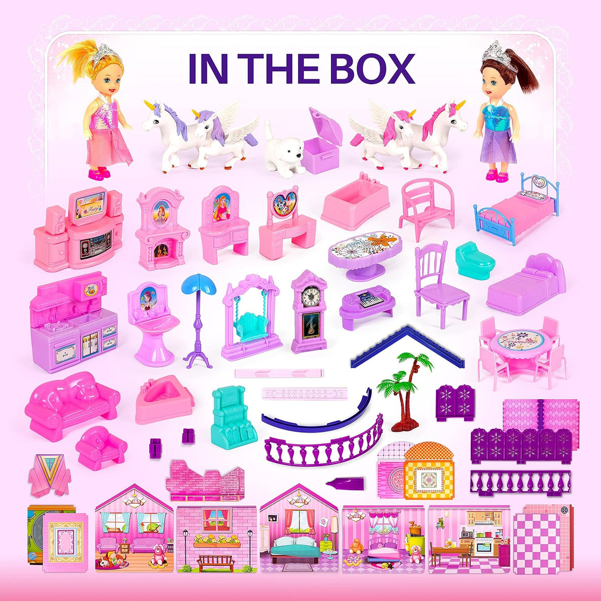 Casa de muñecas con 2 princesas, 4 unicornios, perro, muebles y acc...