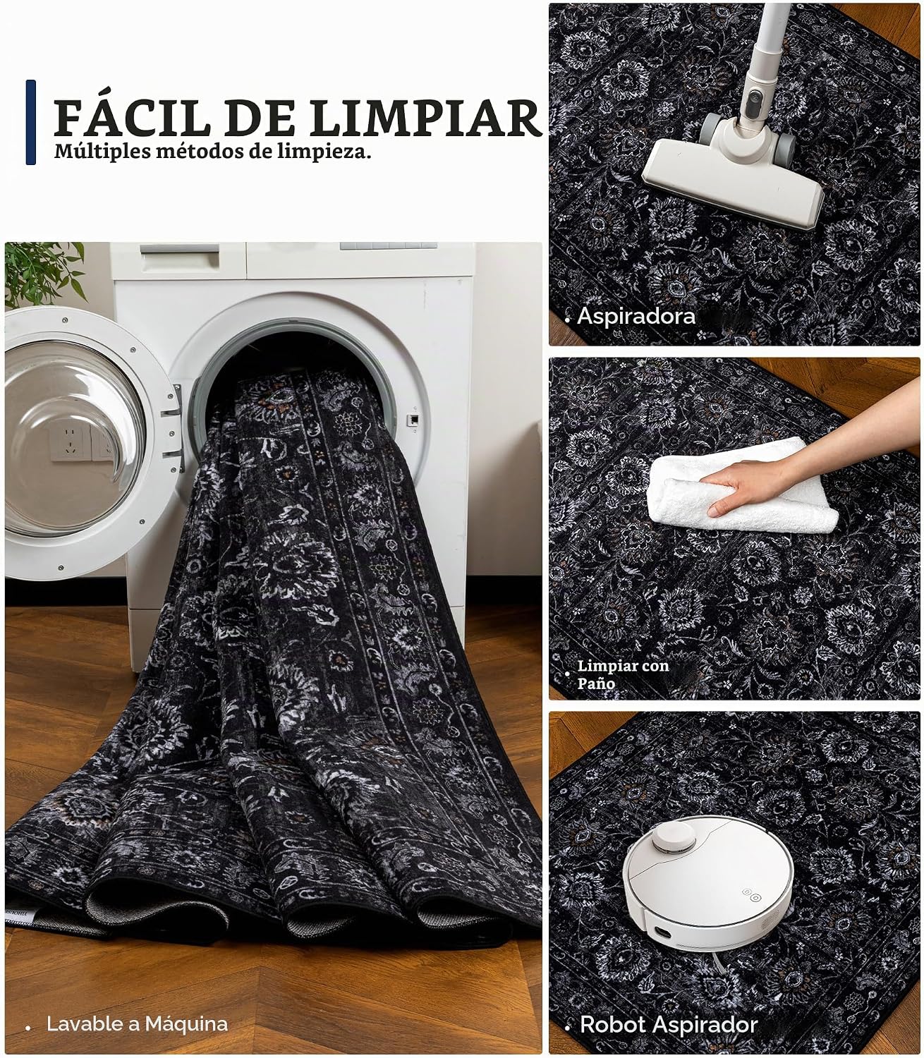 YIHOUSE Alfombra negra de 5 x 7 pies para sala de estar, lavable, a...