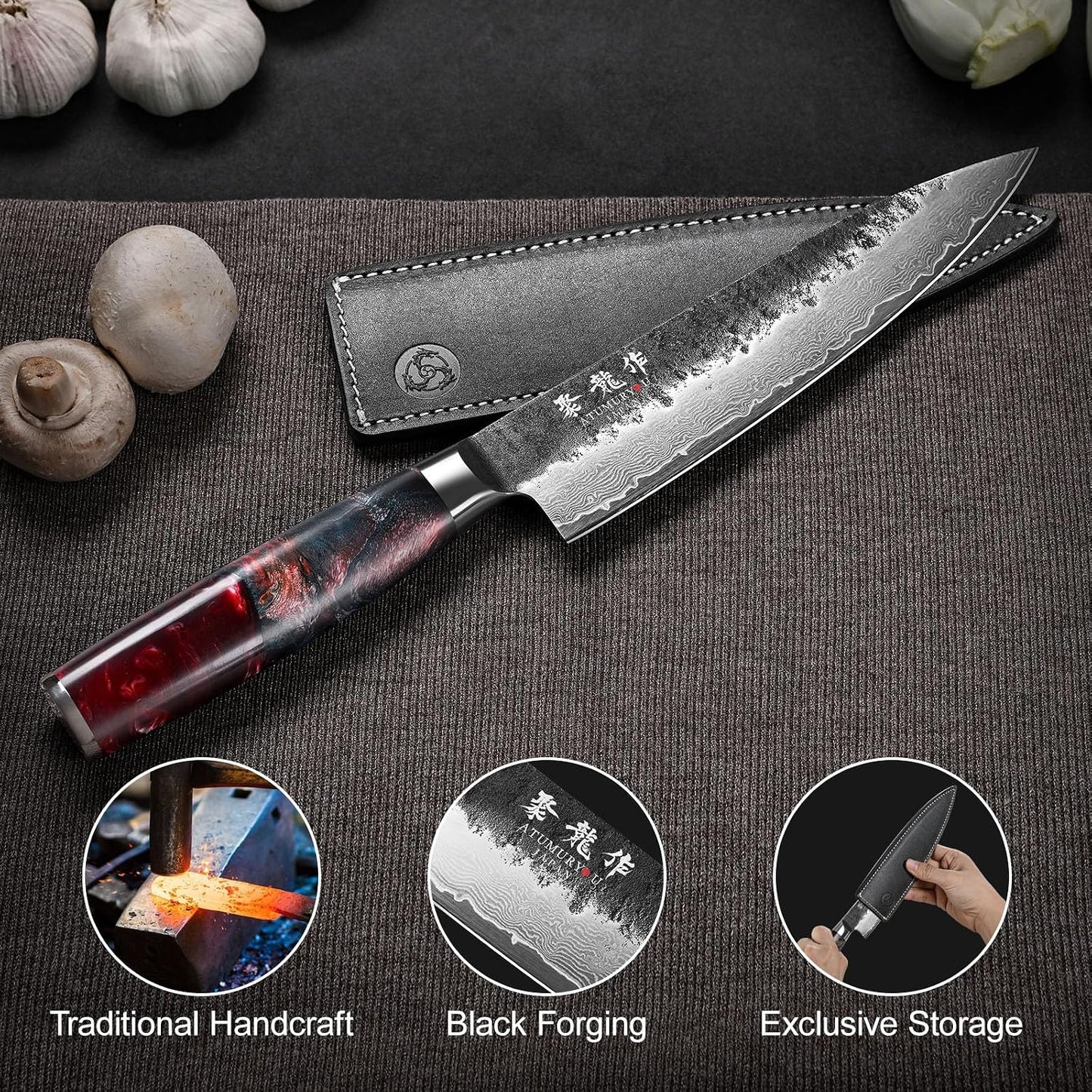 Cuchillo de chef japonés forjado negro de 8 pulgadas, acero Damasco...