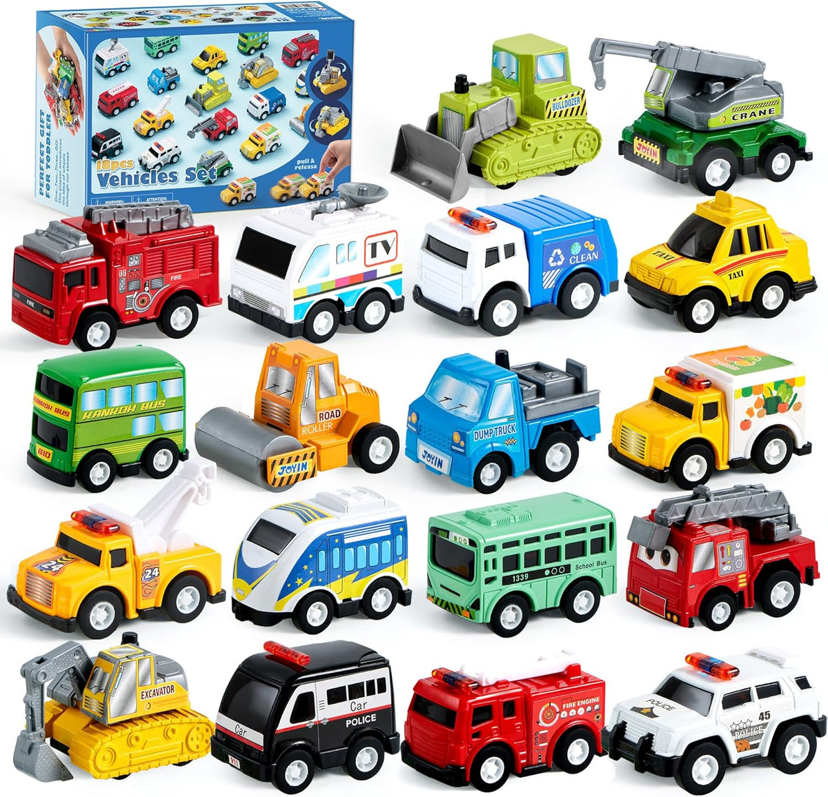 JOYIN Juego de 18 vehículos de juguete de autos y camiones de ciuda...