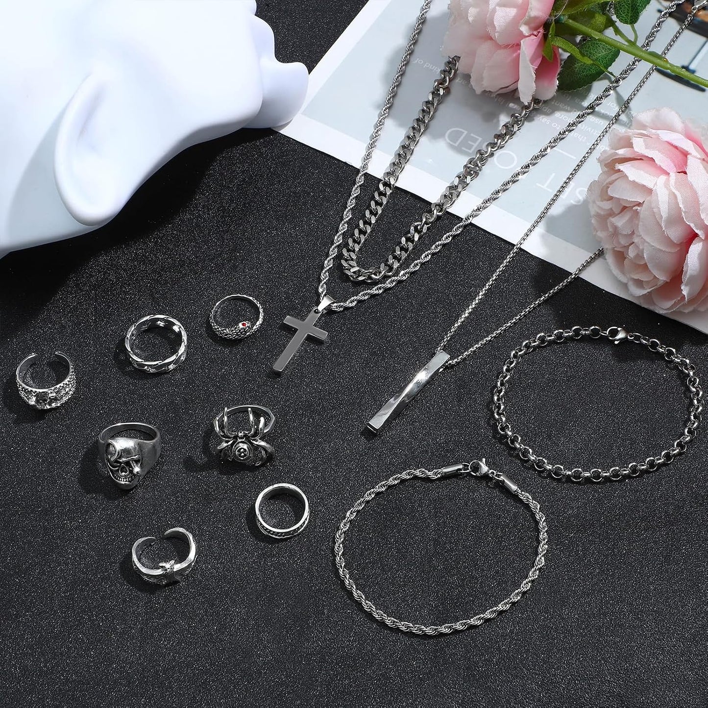 NEWITIN Juego de 15 piezas de joyería de plata para hombre, acero i...
