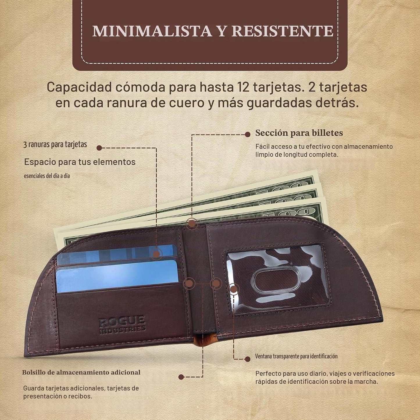 ROGUE WALLET Cartera de piel de bisonte genuino para hombre, RFID d...