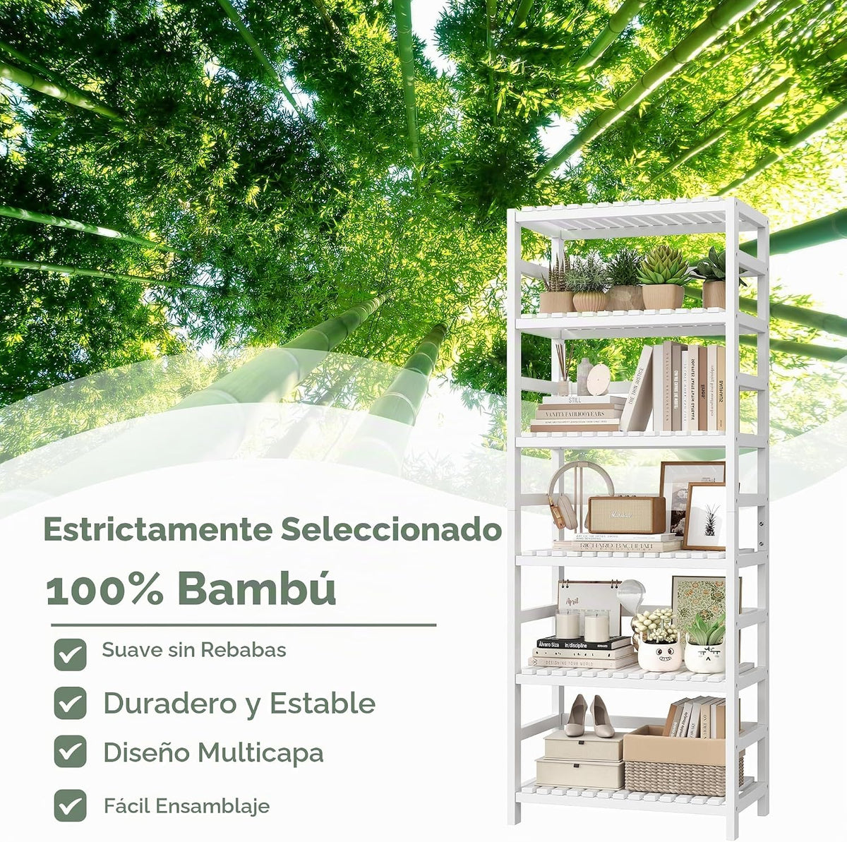 FOTOSOK Estantería de bambú de 6 niveles, estantería de bambú con e...
