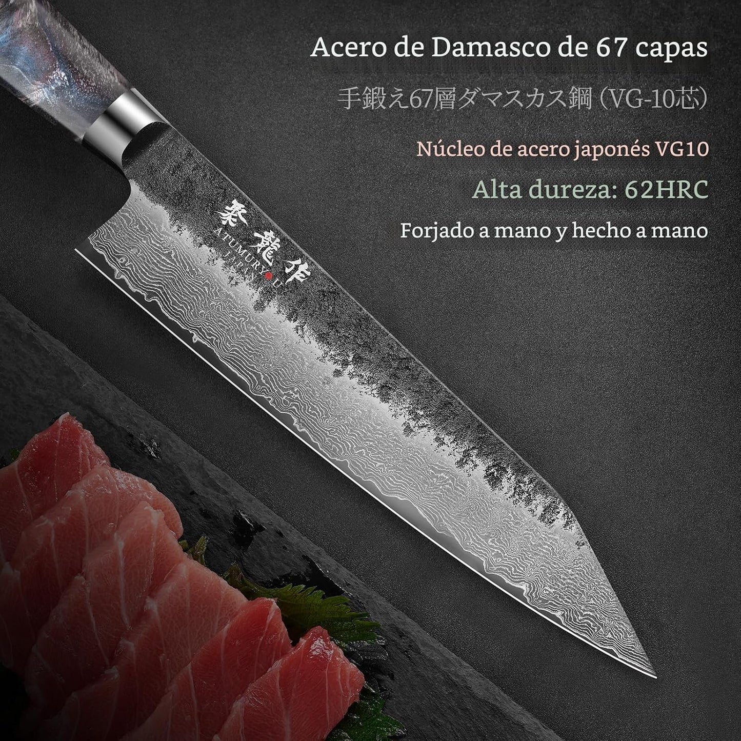 8,27" cuchillo japonés de Damasco Kiritsuke, acero VG10 forjado...