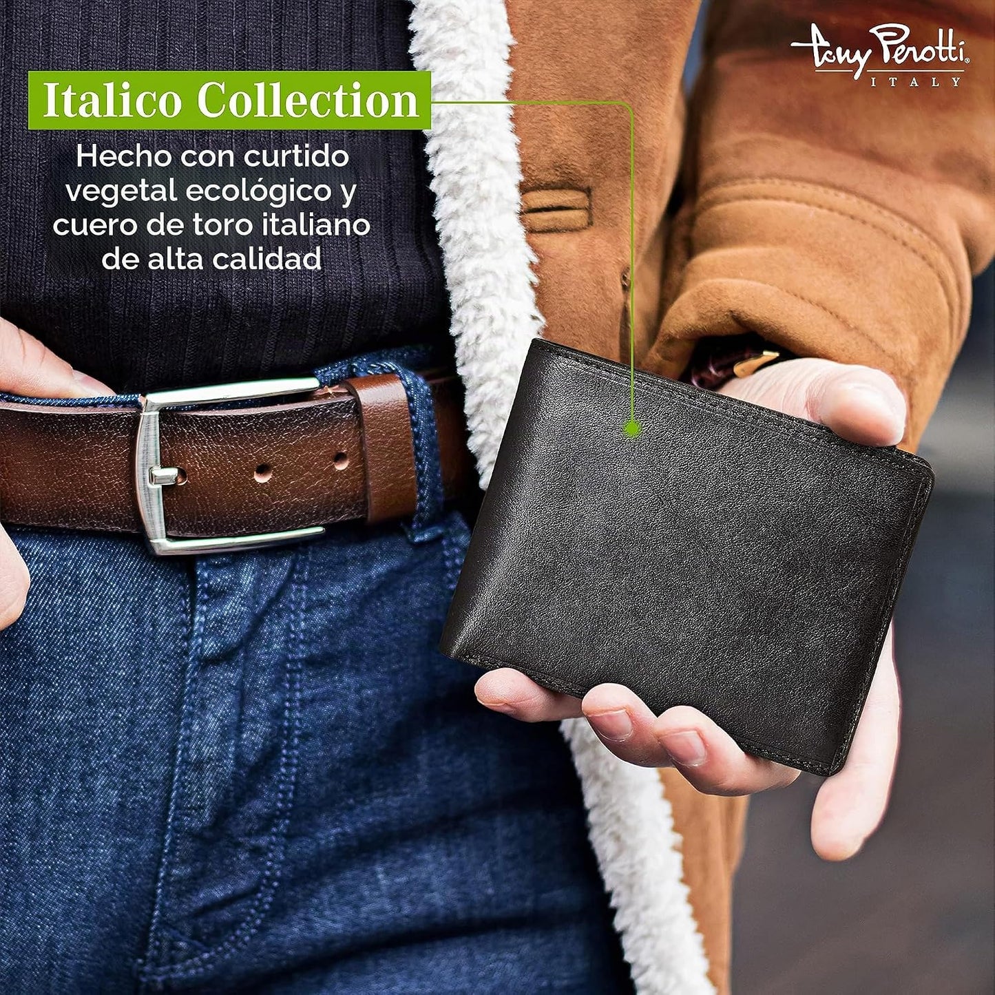 Tony Perotti Cartera de cuero italiano para hombre, delgada, plegab...