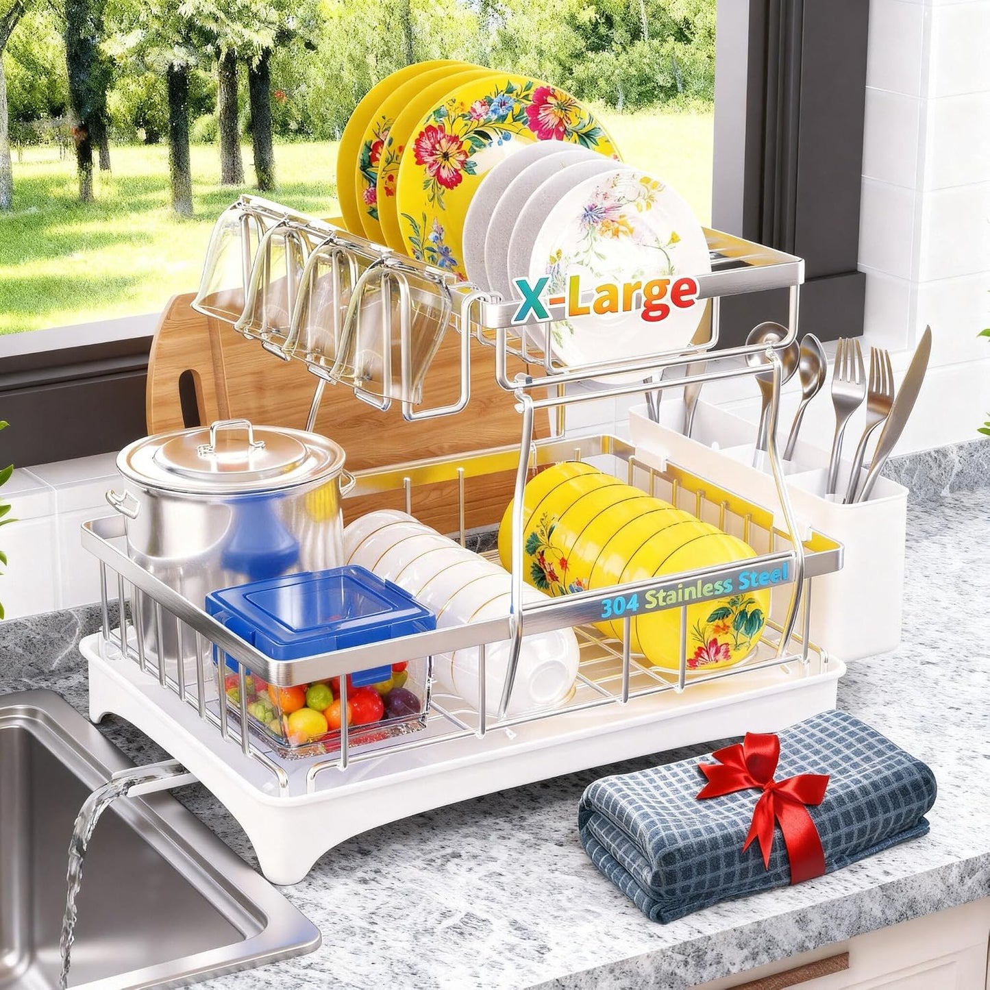 Godboat - Escurridor de platos de 2 niveles, acero inoxidable 304,...