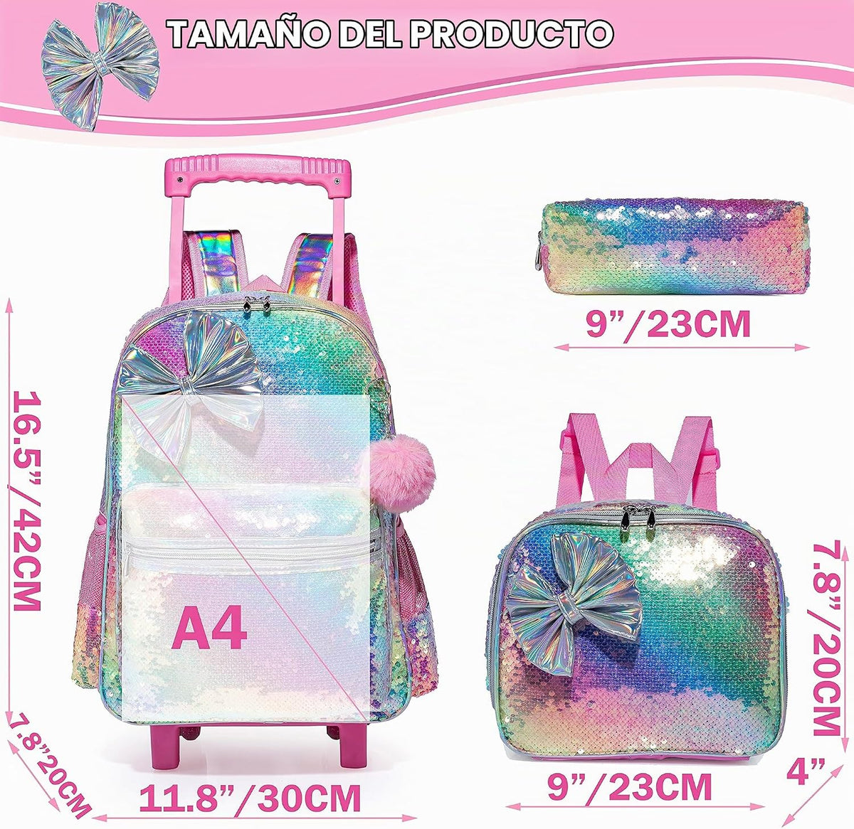 Mochila con ruedas con lazo para niñas, mochilas enrollables con ru...