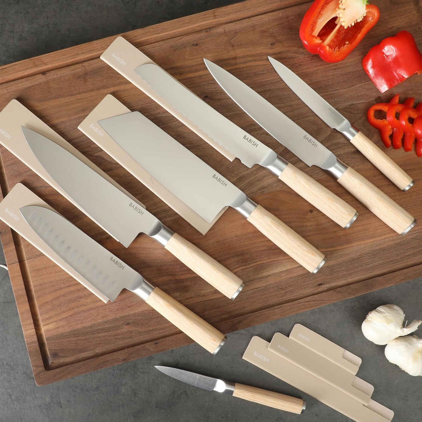 Babish Juego de cuchillos de cocina de madera Pakka ligera forjada...