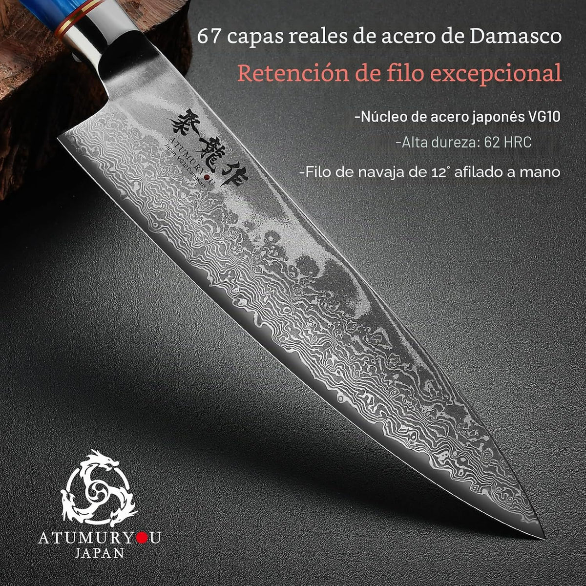 Cuchillo de Chef Japonés, Cuchillo de Cocina Damasco de 8 Pulgadas...