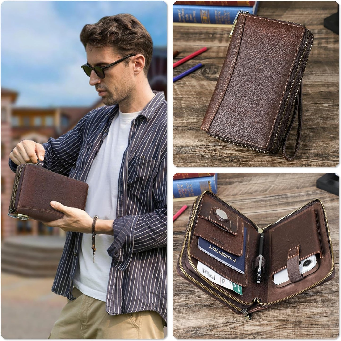 Cartera de cuero genuino de grano superior con cremallera para homb...