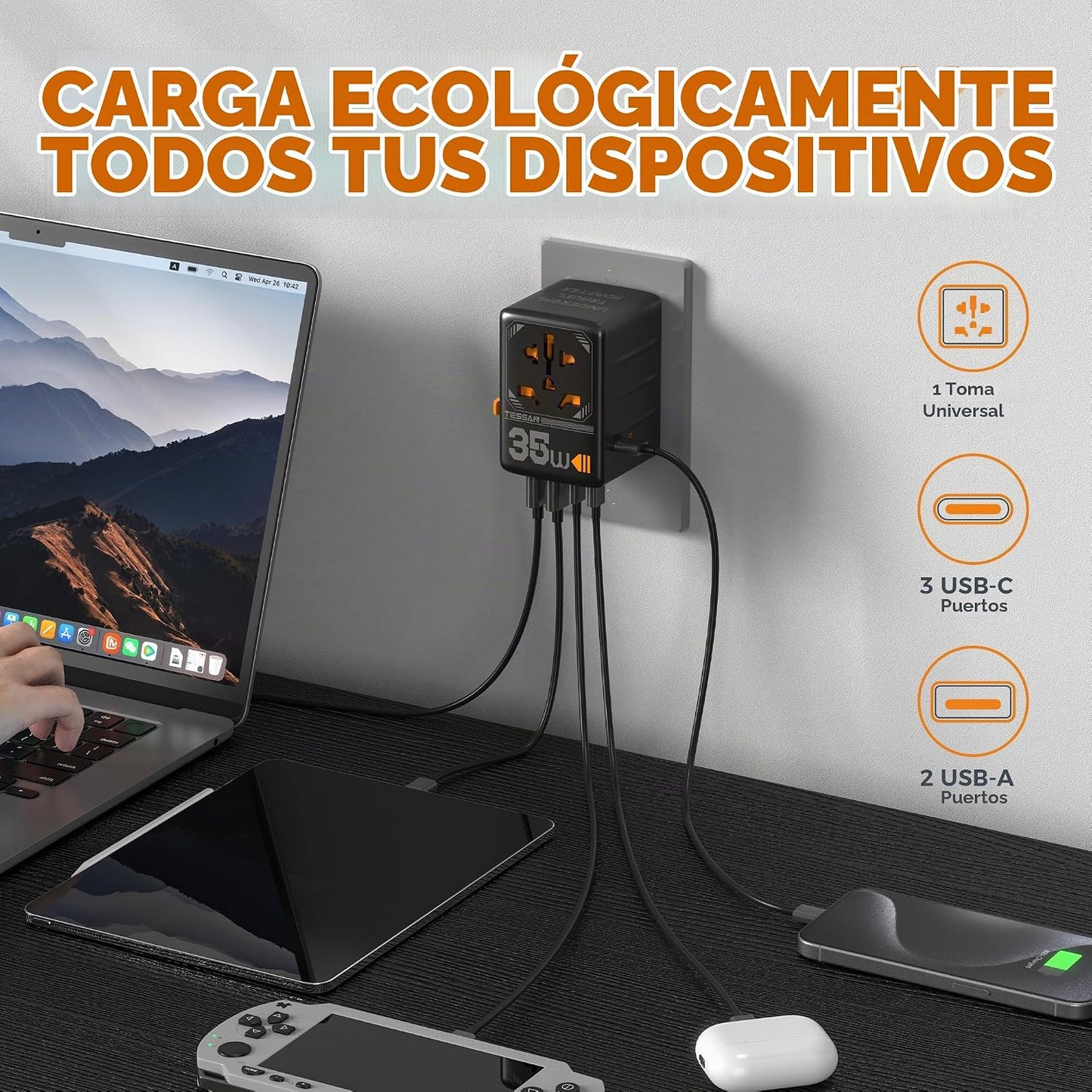 TESSAN Adaptador de viaje universal, adaptador de enchufe internaci...