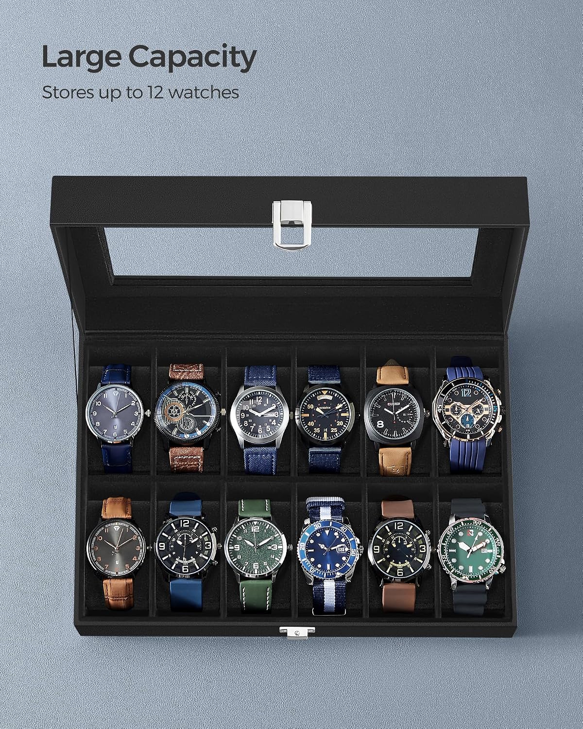 SONGMICS Caja de reloj, caja de reloj de 12 ranuras con tapa de vid...