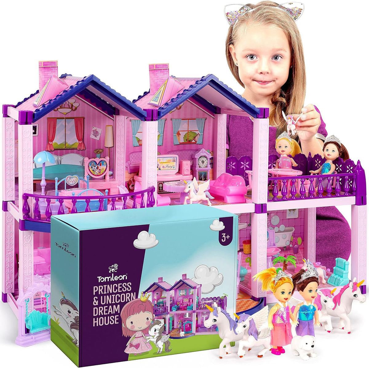 Casa de muñecas con 2 princesas, 4 unicornios, perro, muebles y acc...