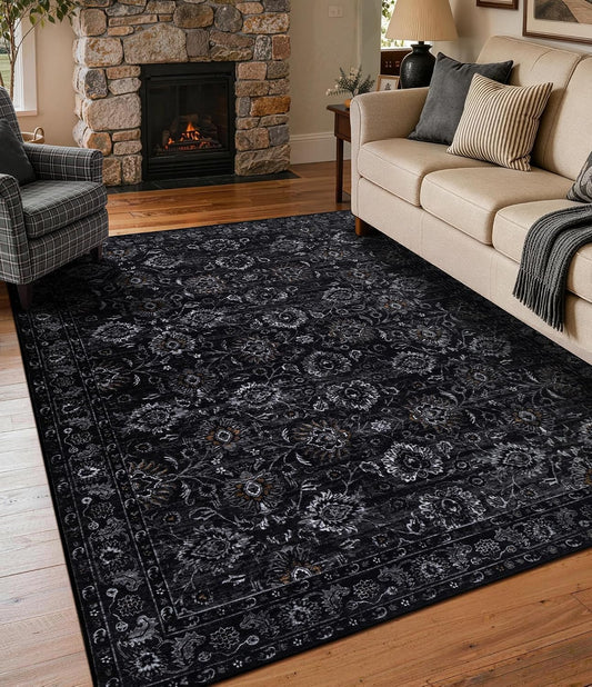 YIHOUSE Alfombra negra de 5 x 7 pies para sala de estar, lavable, a...