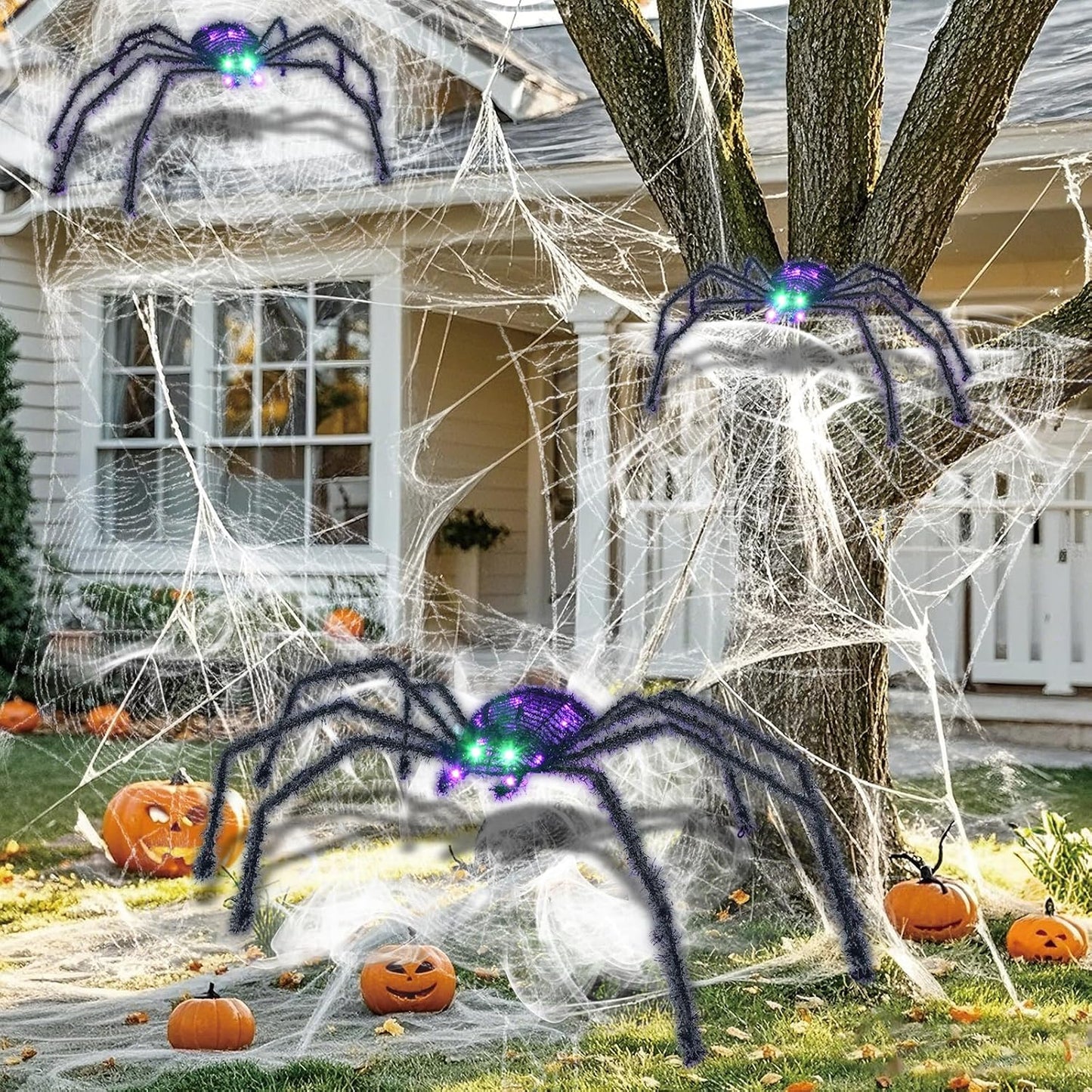 HOYECHI Araña de Halloween iluminada de 3 piezas, decoraciones navi...
