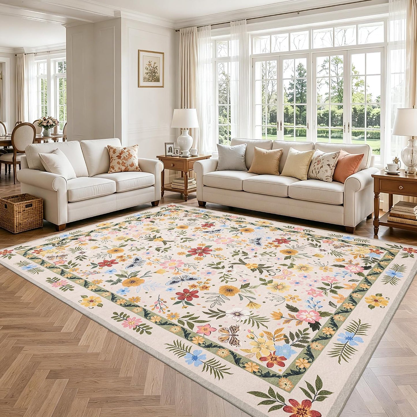 Alfombra floral beige de 8 x 10 pulgadas: alfombras bohemias lavabl...