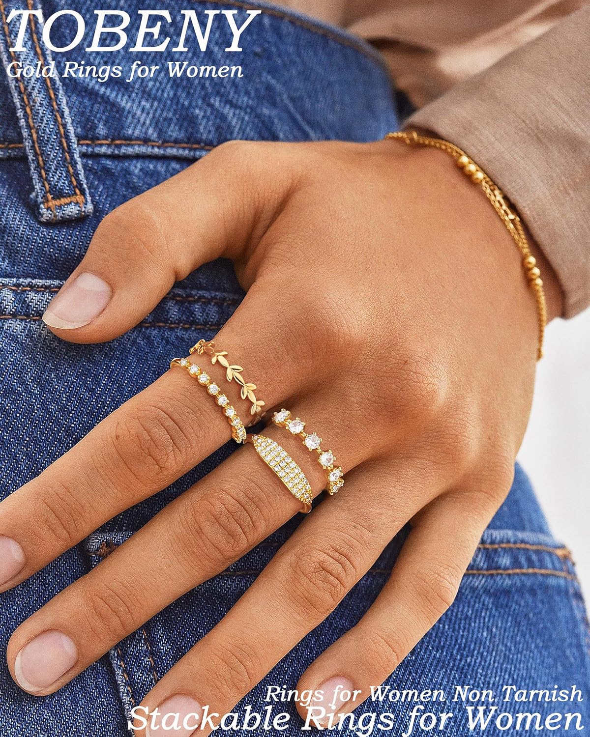 TOBENY Anillos de oro apilables para mujer sin deslustre, delicados...