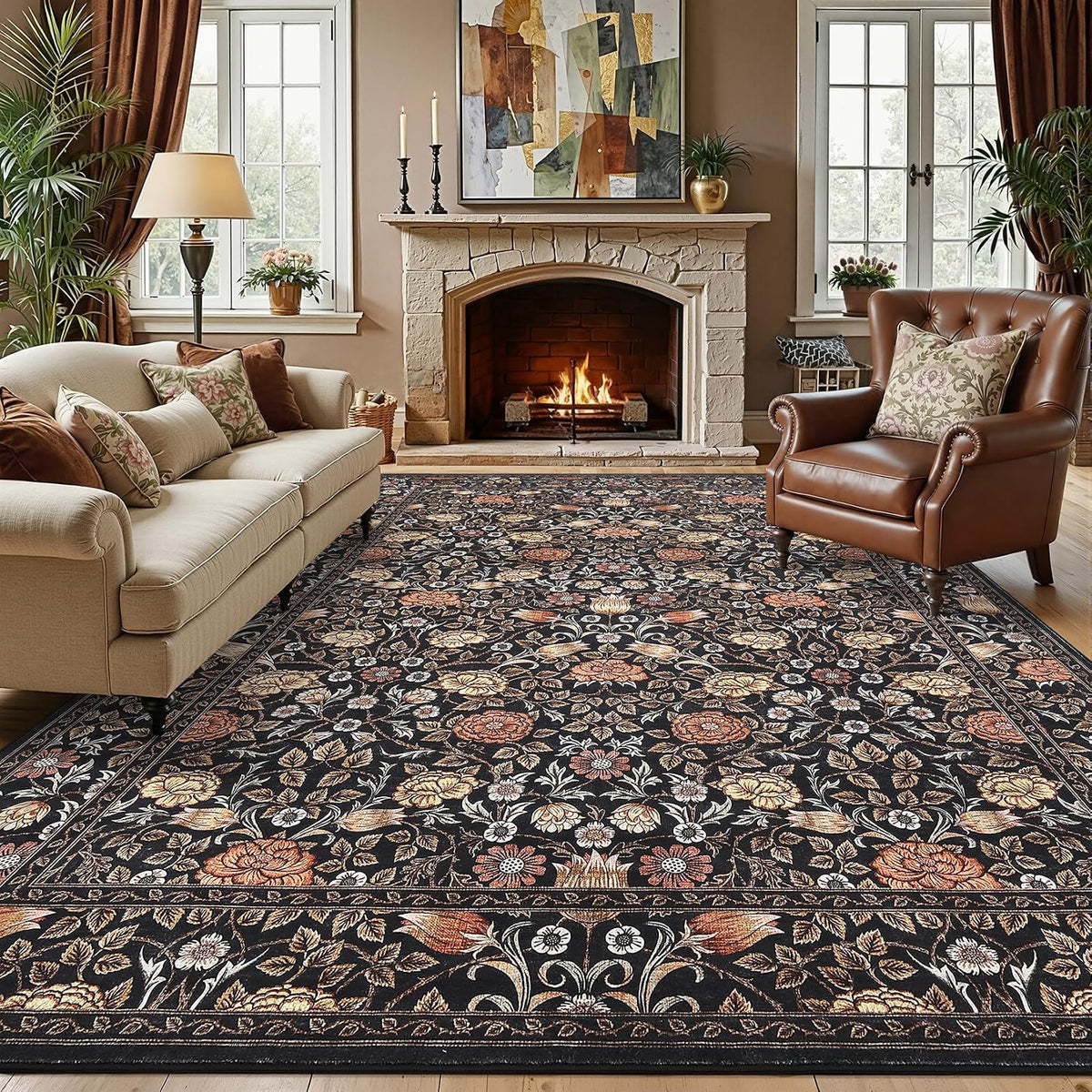 GarveeHome Alfombra Vintage Floral Lavable Marrón de 8x10 pies para...
