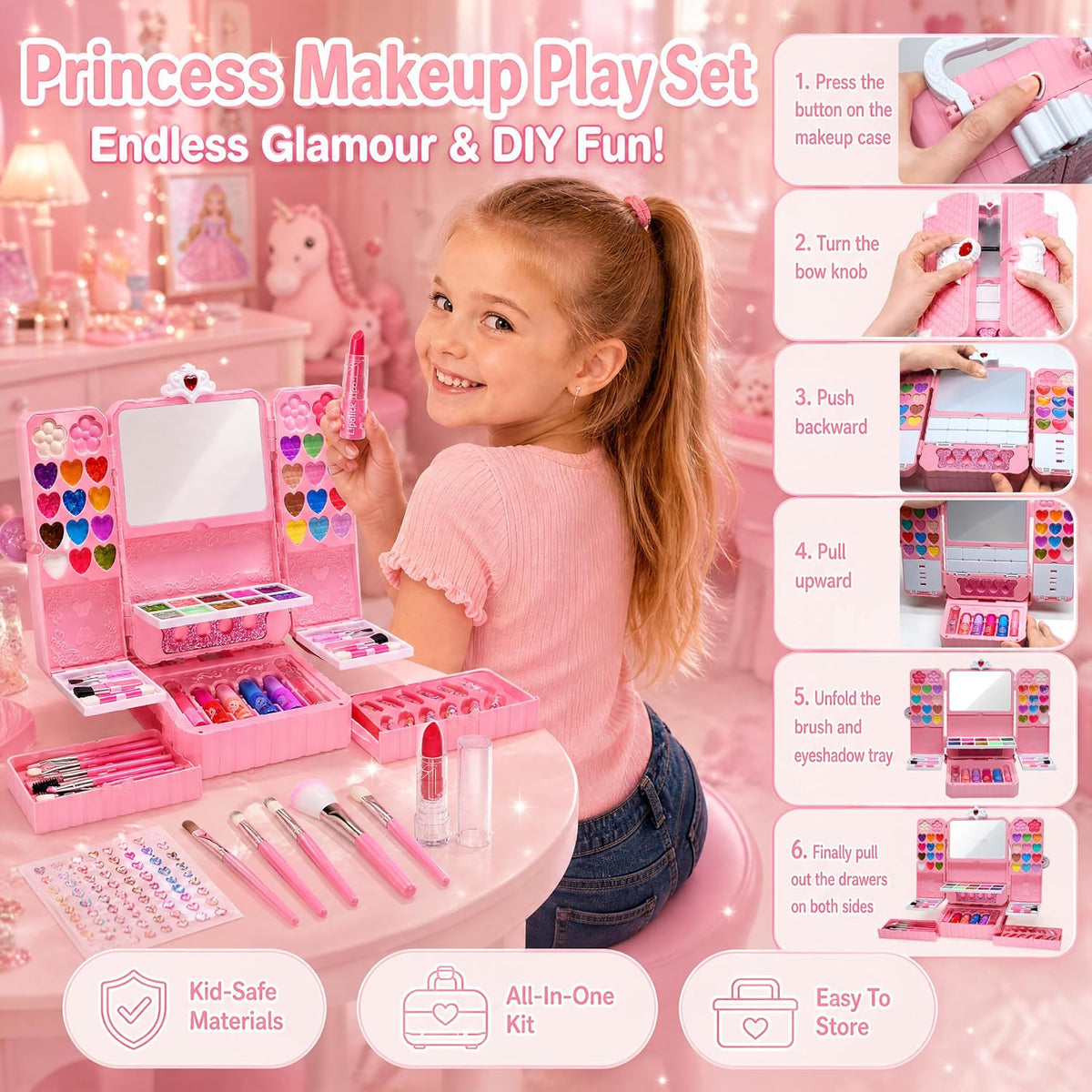 Kit de maquillaje infantil de 75 piezas para niñas, juego de maquil...