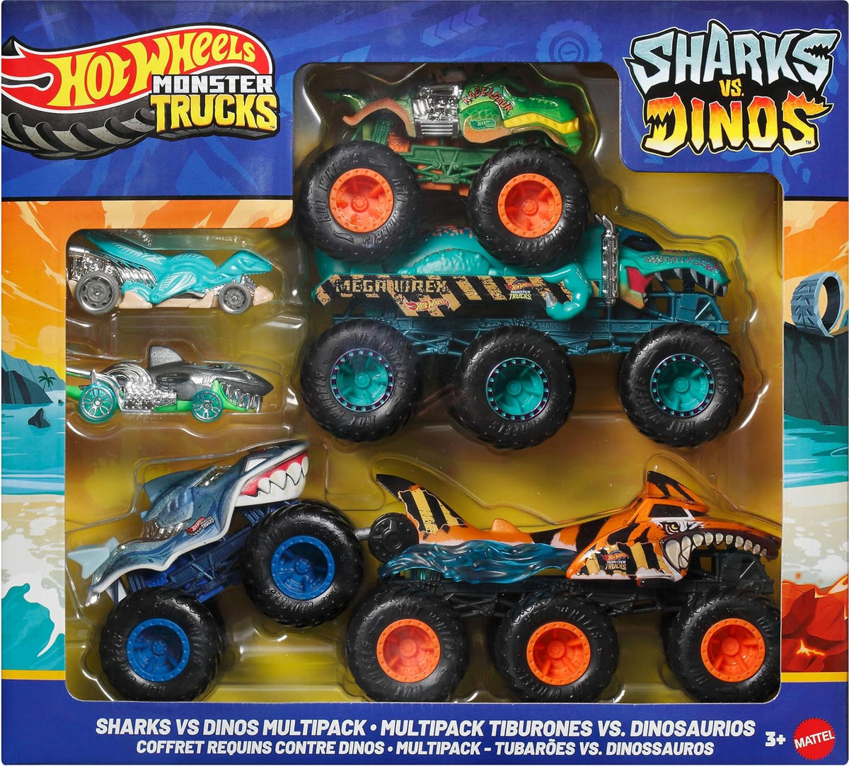 Hot Wheels Autos de juguete y camiones monstruo, Tiburones vs. Dino...