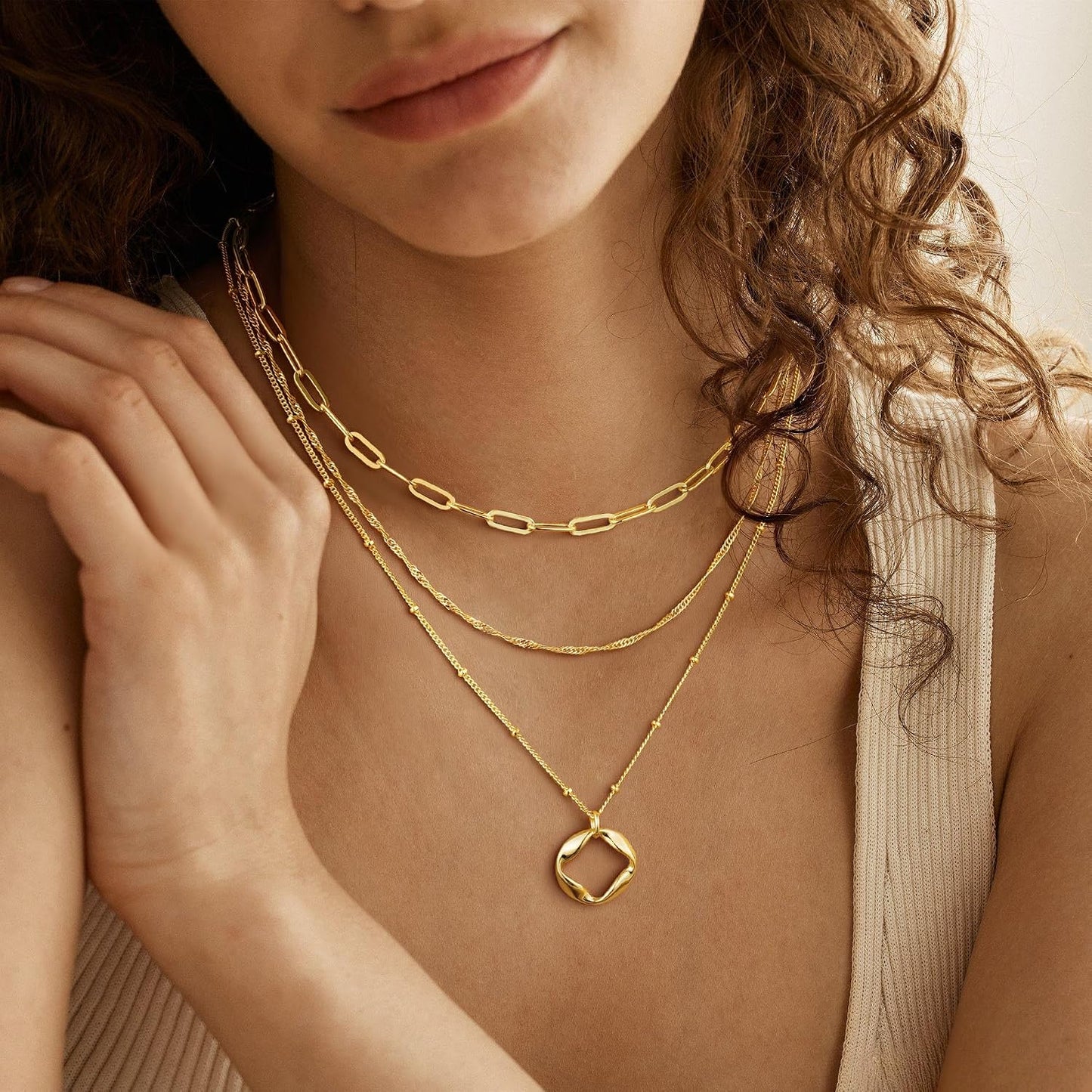 M MOOHAM Collares de oro en capas para mujer, chapado en oro de 14...