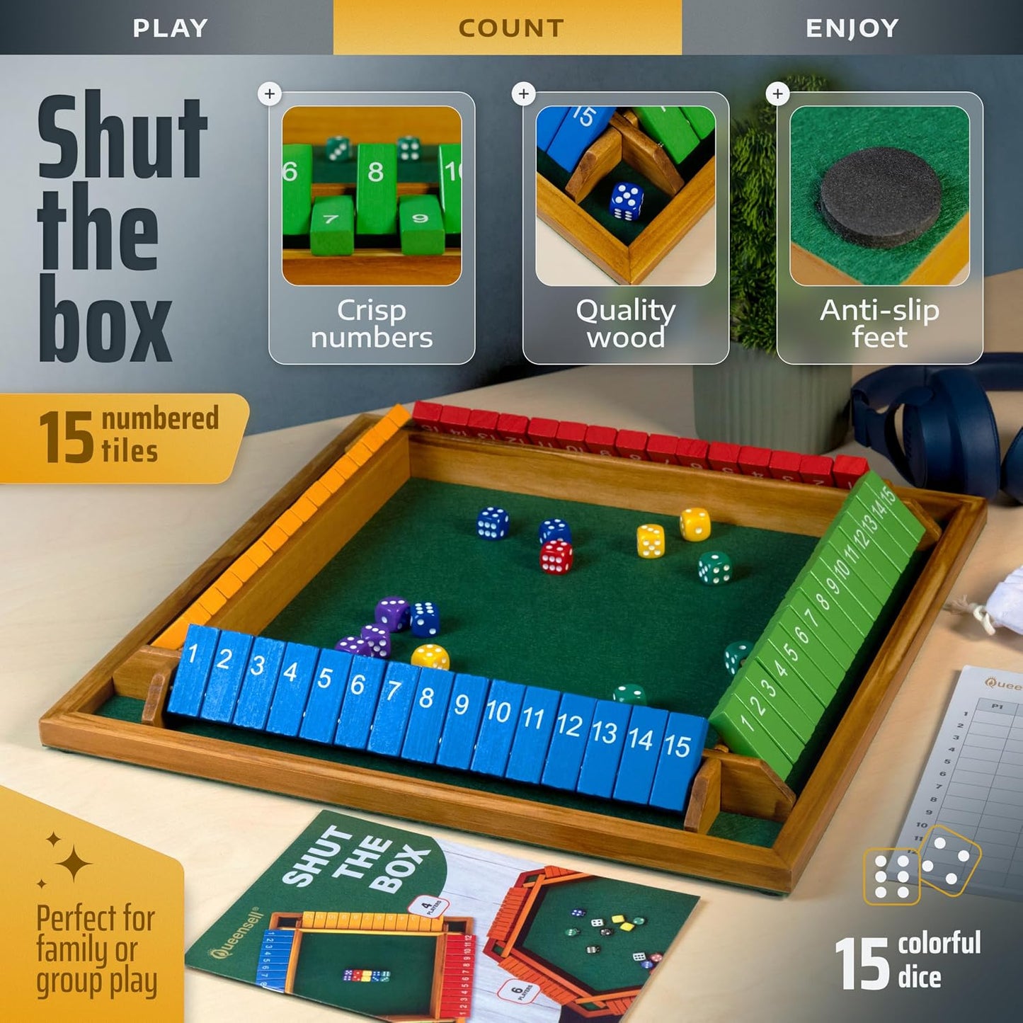 Queensell Shut The Box Juego de mesa de madera para 4 jugadores, ju...