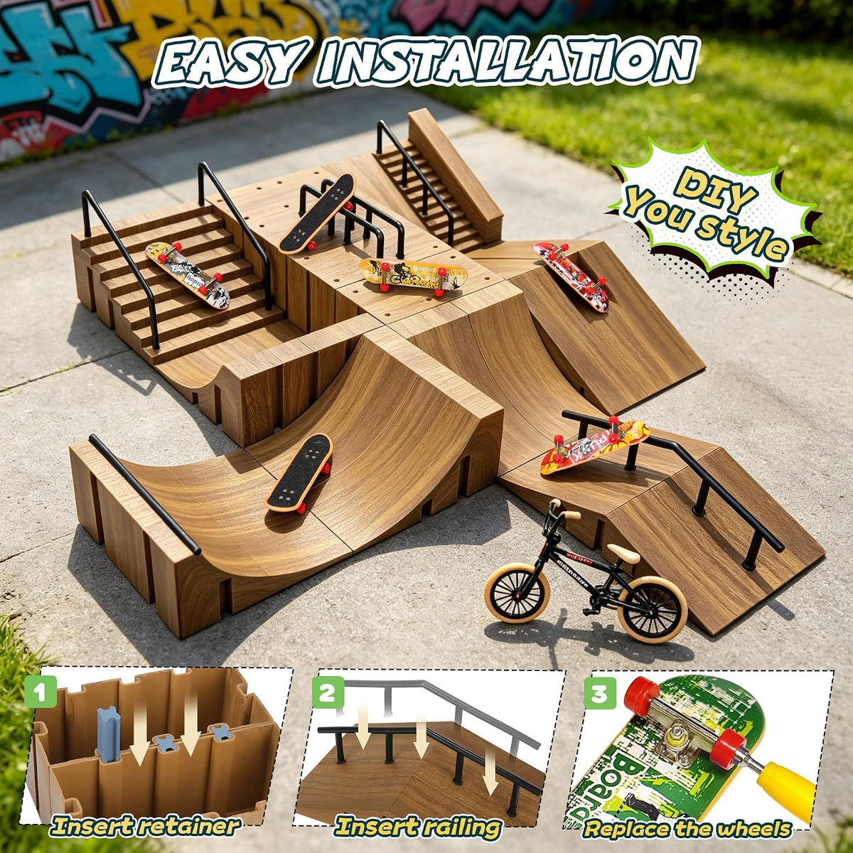 RNGODO Kit de parque de patinetas para niños, 14 en 1, mini rampa d...