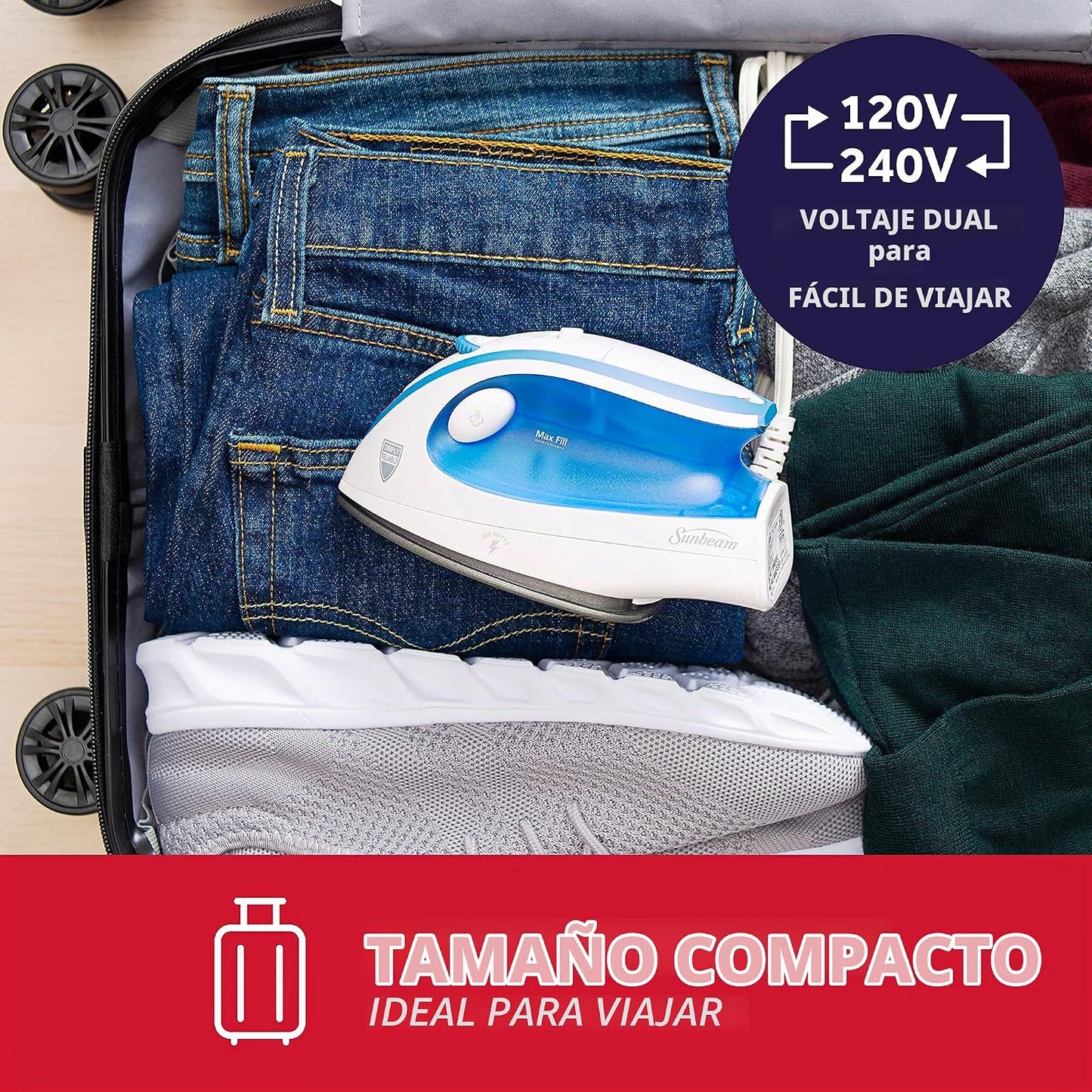 Sunbeam Hot-2-Trot Plancha de vapor de viaje, 800 vatios de doble v...