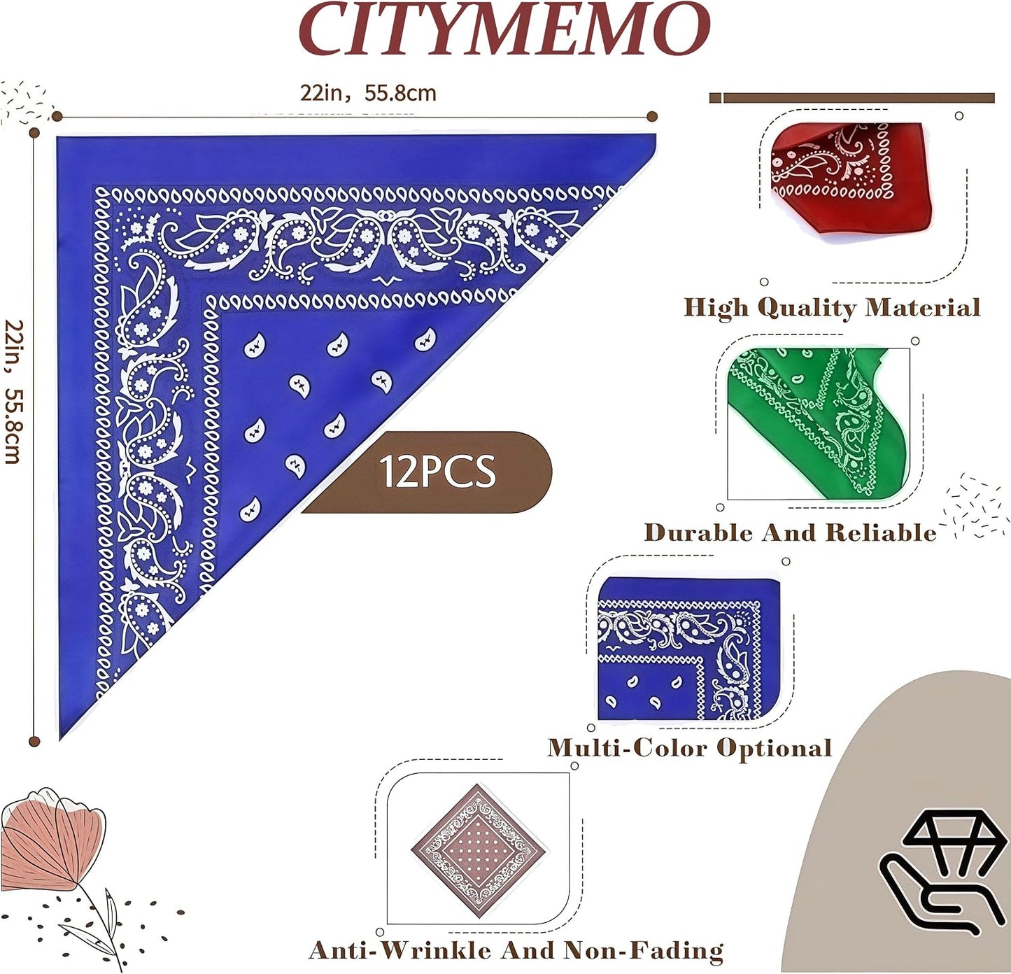 CITYMEMO 12 pañuelos 100% algodón con estampado de cachemira, bufan...