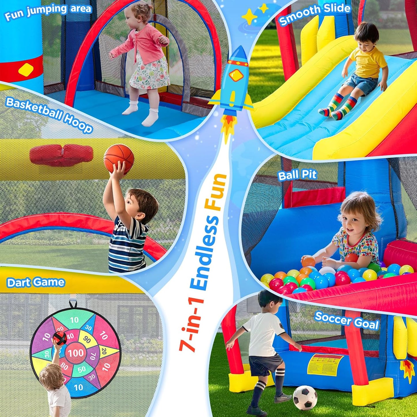 Casa inflable de rebote para niños con soplador, tema espacial de 1...