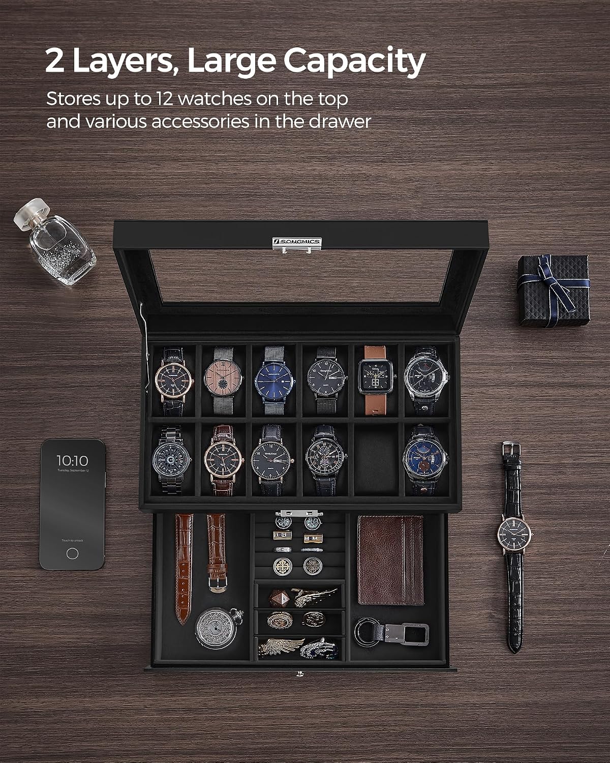 SONGMICS UJWB012B03 - Caja de reloj de 12 ranuras, caja de reloj co...