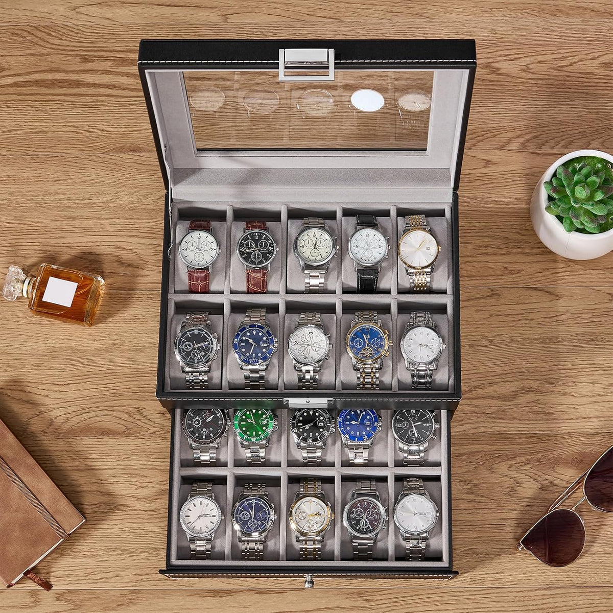 BEWISHOME Caja de reloj, organizador de caja de reloj de 20 ranuras...