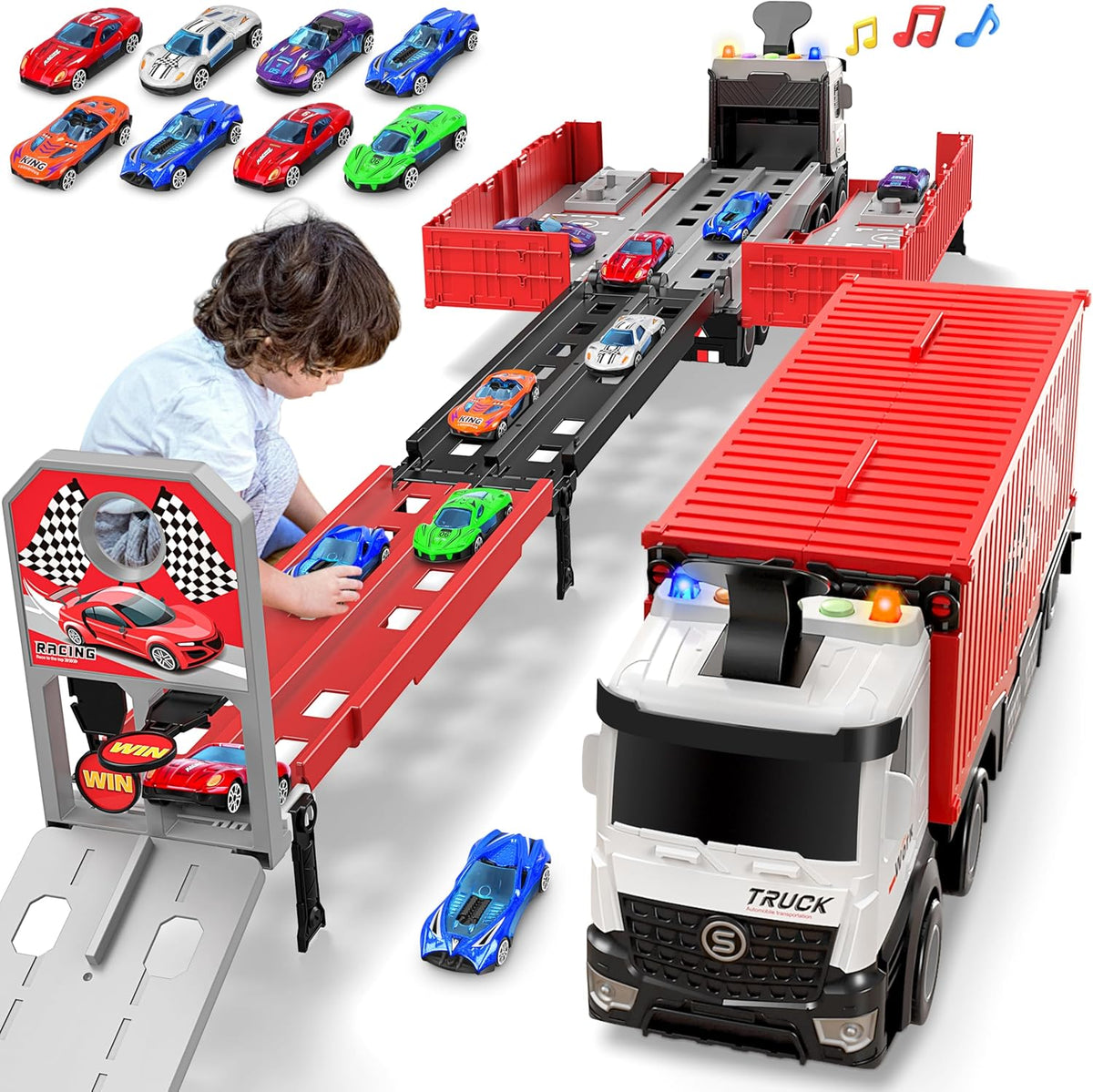 Juguetes de Pista de Carreras con Camión Transportador para Niños,...