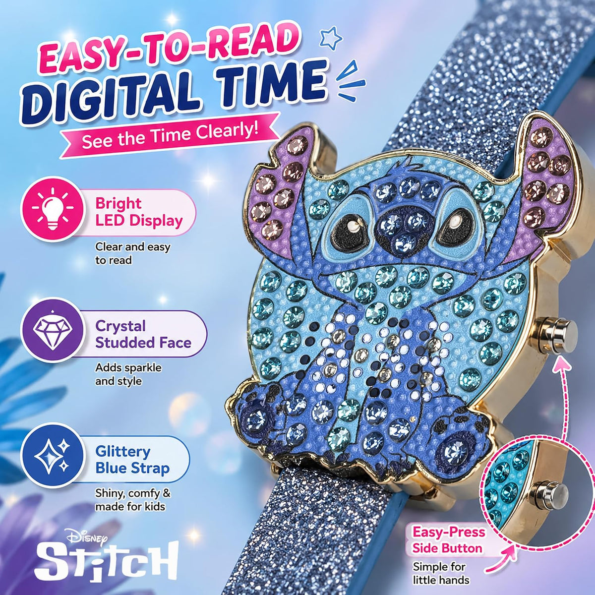 Disney Stitch - Reloj LED para niñas con esfera de cristal y correa...