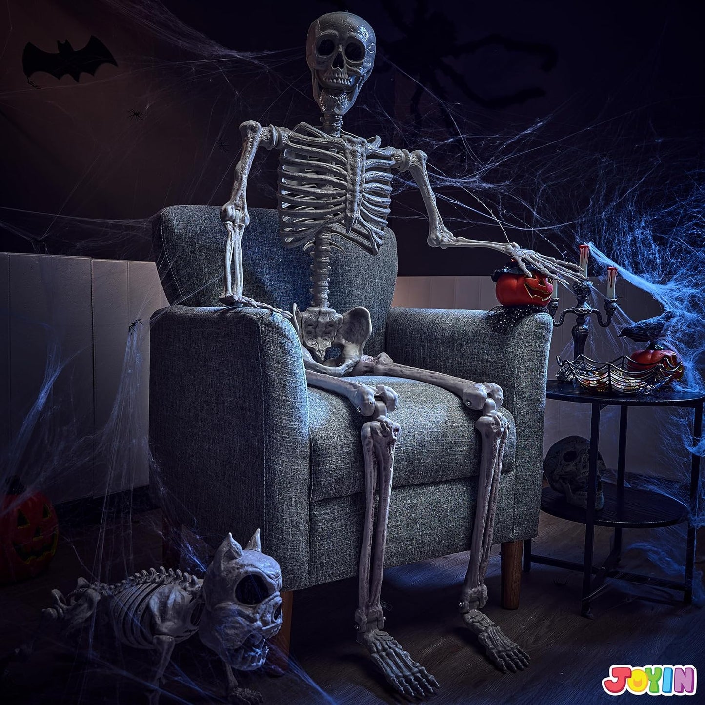 JOYIN - Esqueleto de Halloween de 1.7 m articulable, esqueleto de t...
