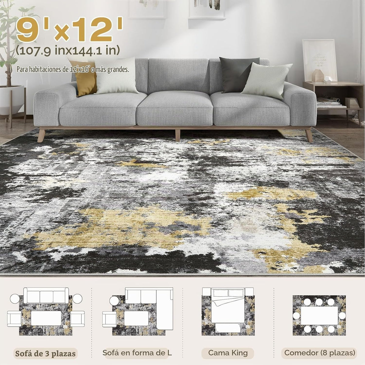 TARANCH Alfombra Lavable 9x12 pies Alfombras de Área para Sala de E...