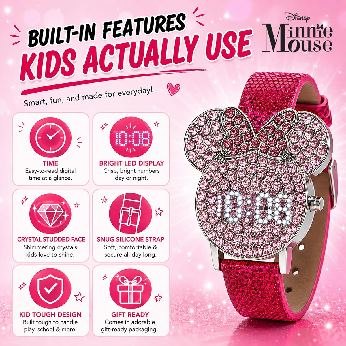 Disney Minnie Mouse - Reloj LED para niñas con esfera de cristal y...