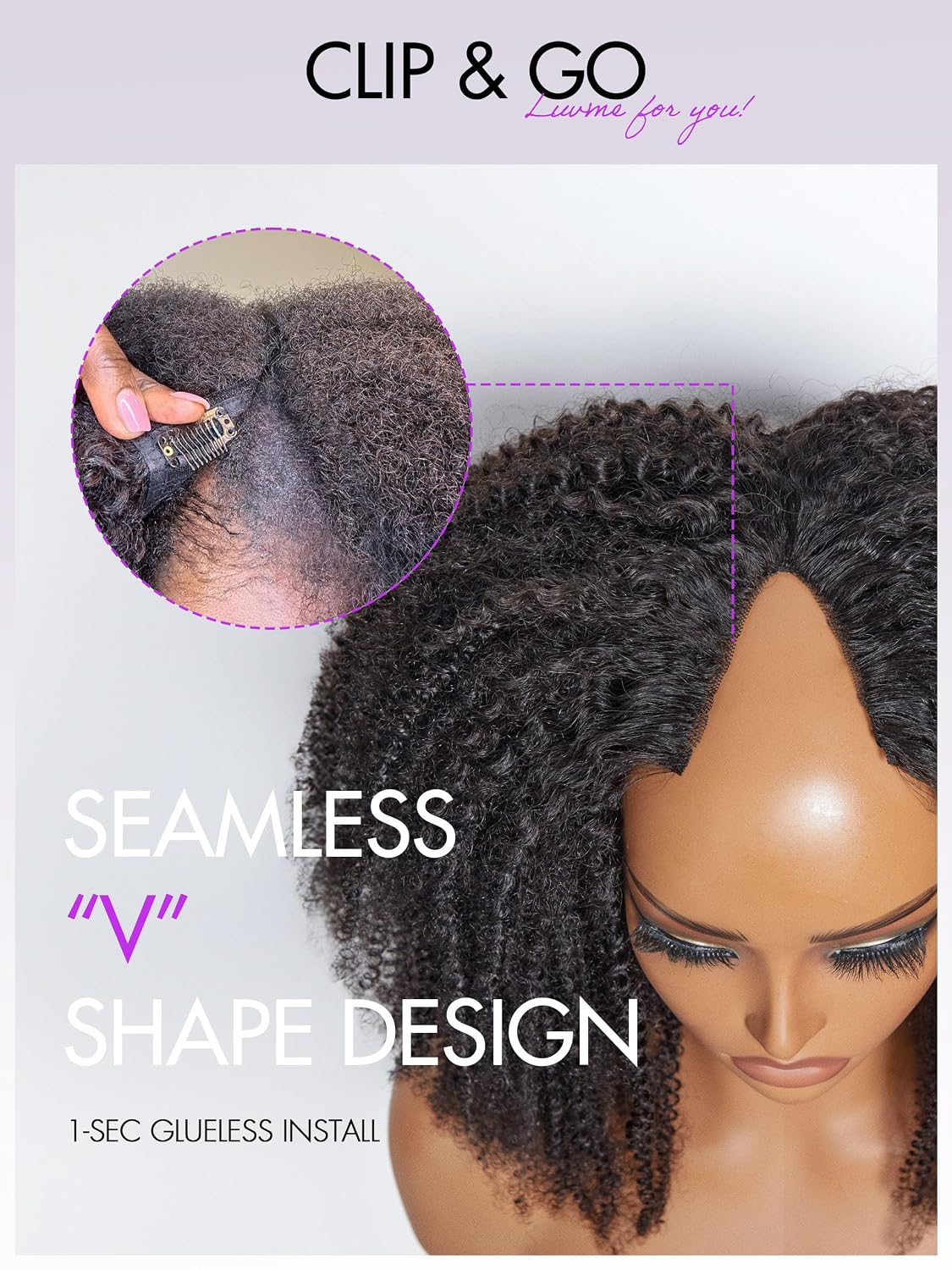 LUVME Peluca de cabello humano rizado sin pegamento con parte en V,...