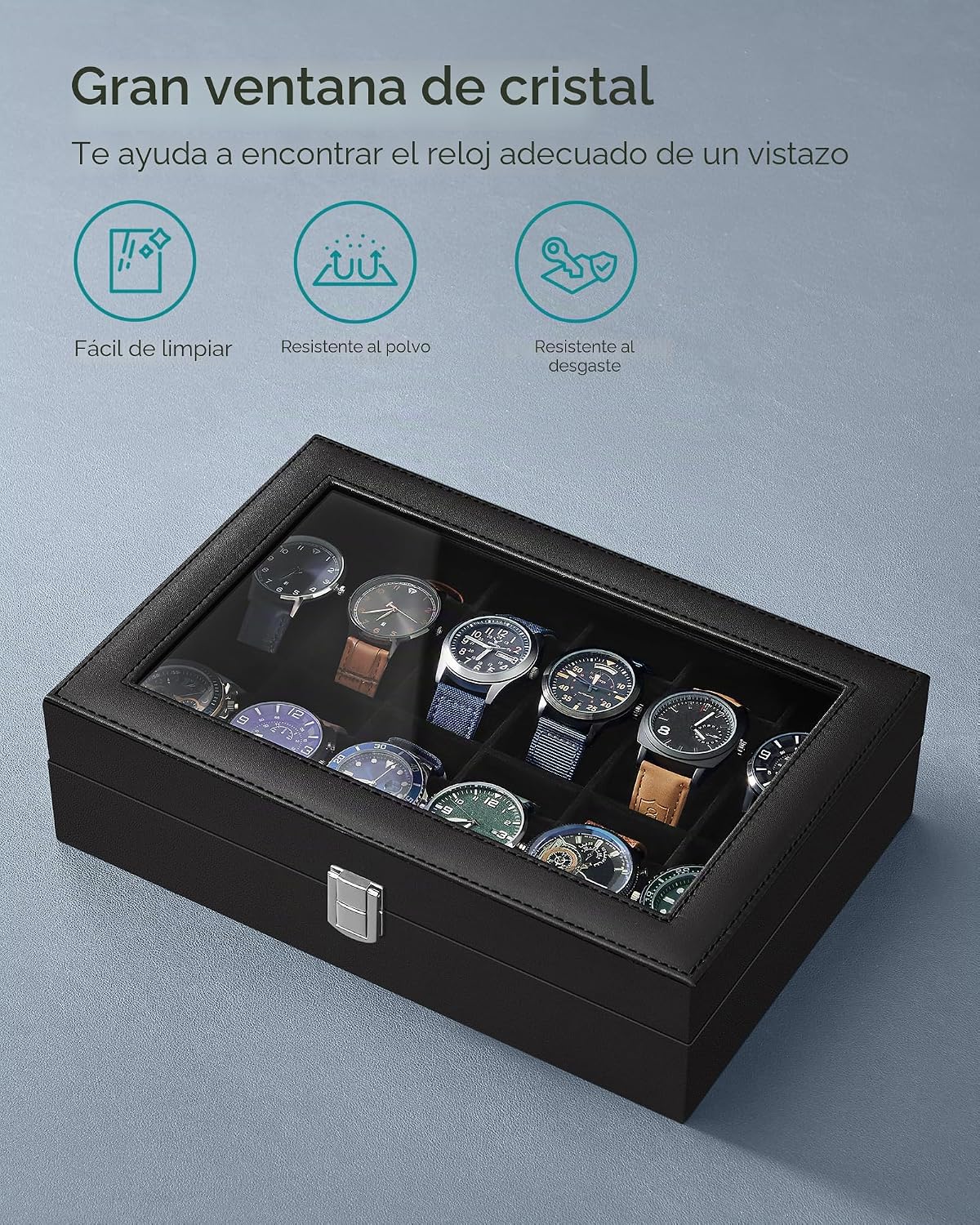 SONGMICS Caja de reloj, caja de reloj de 12 ranuras con tapa de vid...