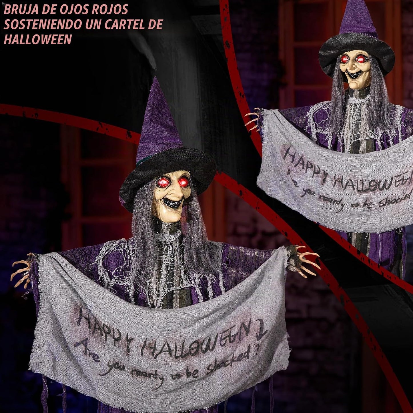 Bruja colgante de animatronics de Halloween de 5 pies, decoración d...